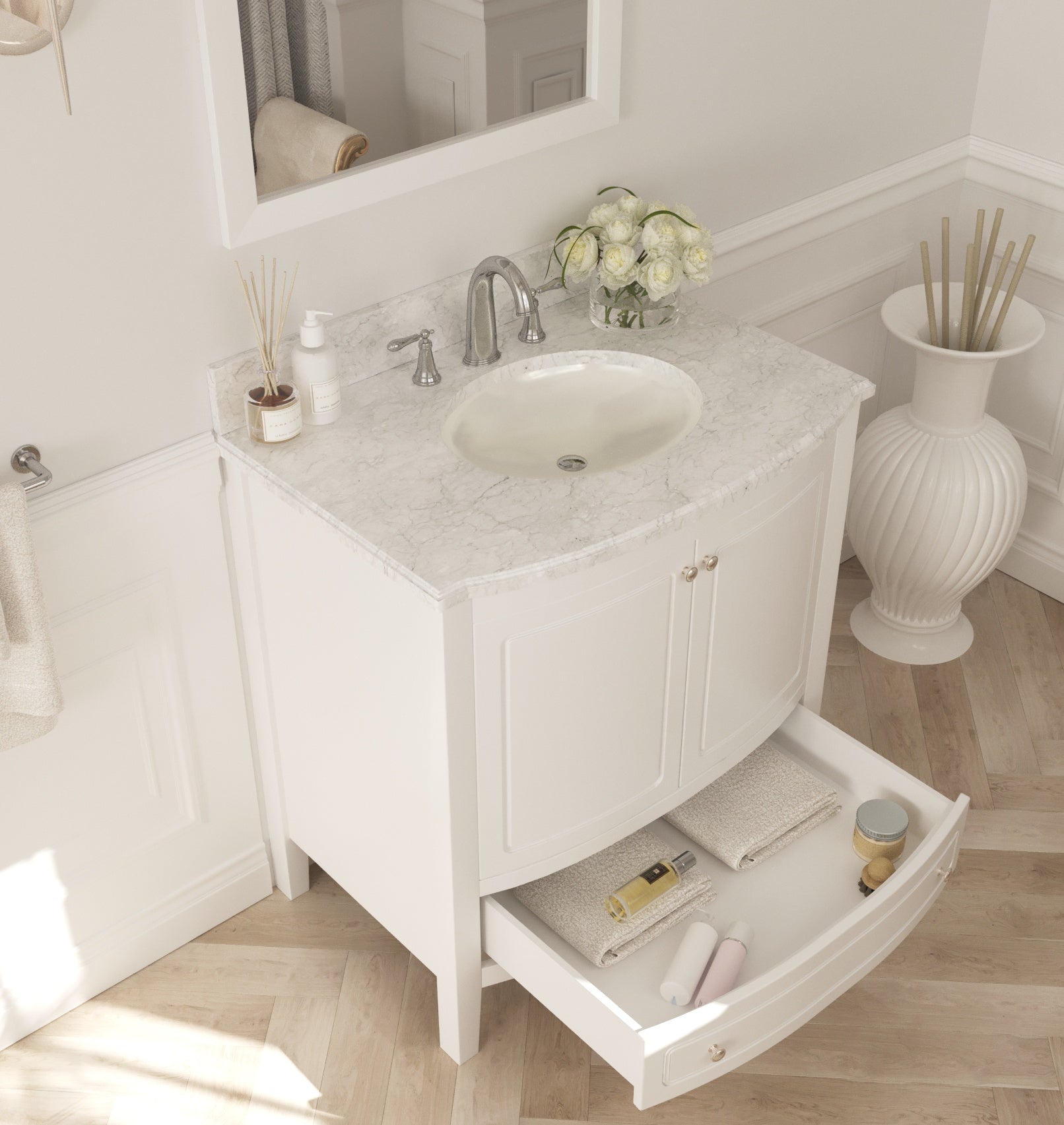 Laviva Estella 32" White Bathroom Vanity with White Carrara Marble Countertop | 3130709-32W-WC