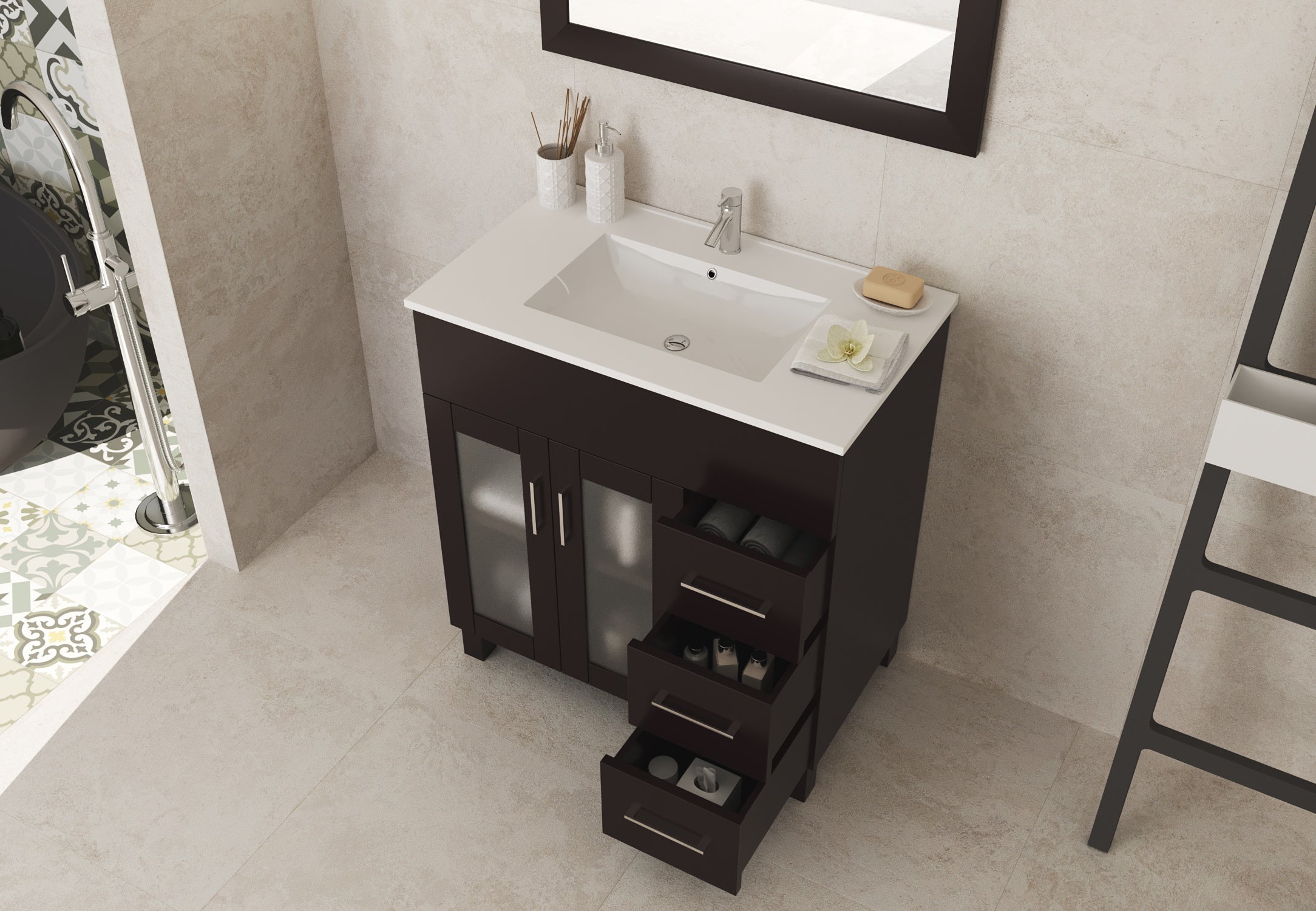 Laviva Nova 32" Brown Bathroom Vanity with White Ceramic Basin Countertop | 31321529-32B-CB
