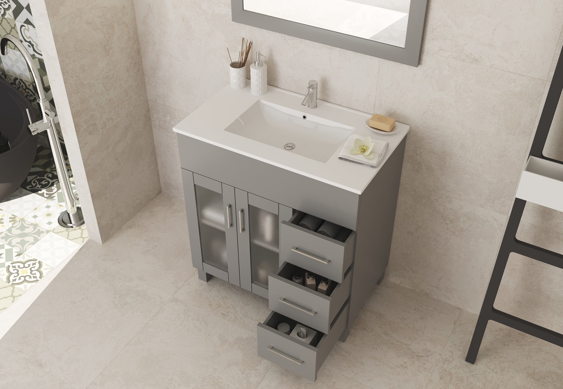 Laviva Nova 32" Gray Bathroom Vanity with White Ceramic Basin Countertop | 31321529-32G-CB