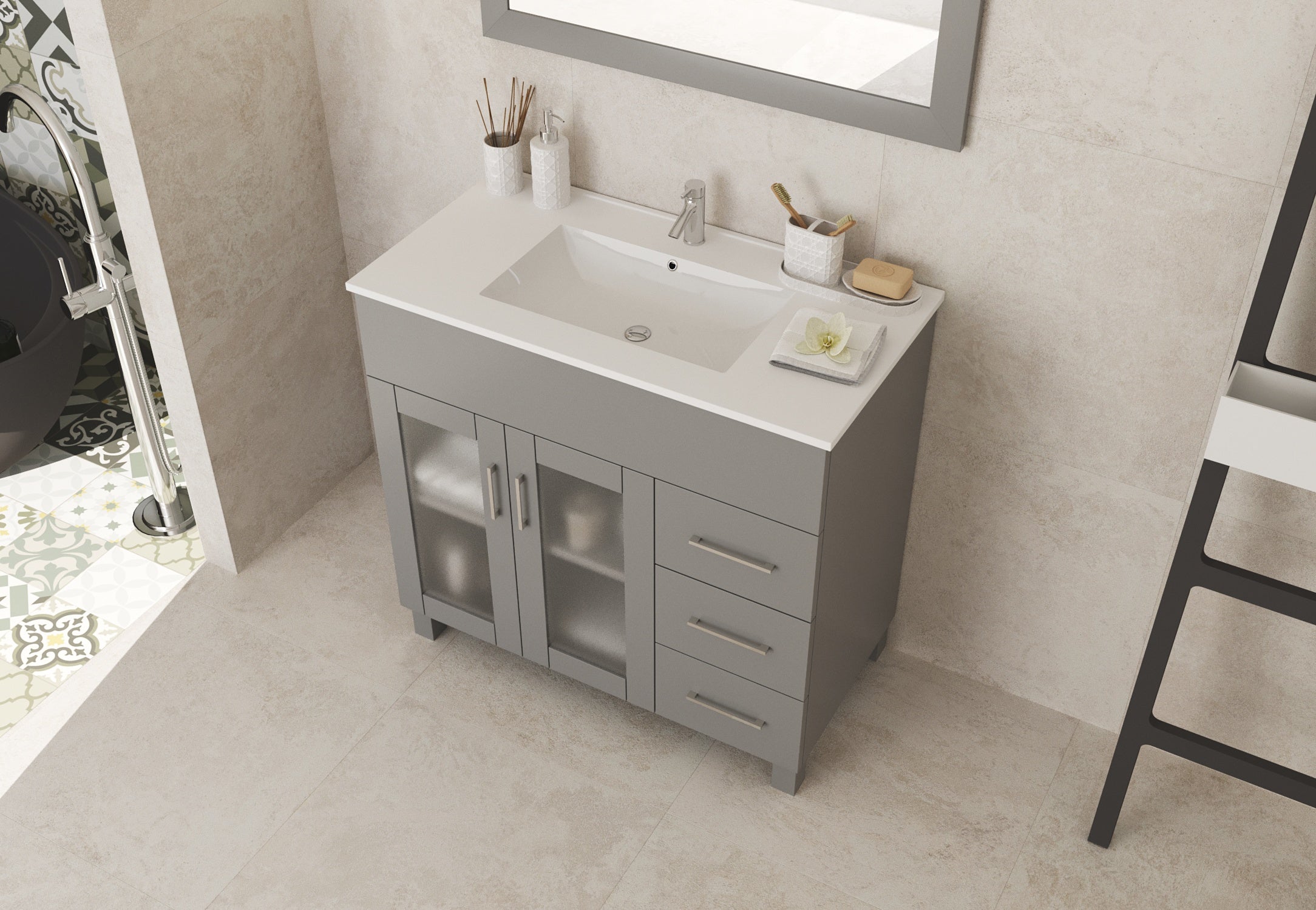 Laviva Nova 36" Gray Bathroom Vanity with White Ceramic Basin Countertop | 31321529-36G-CB