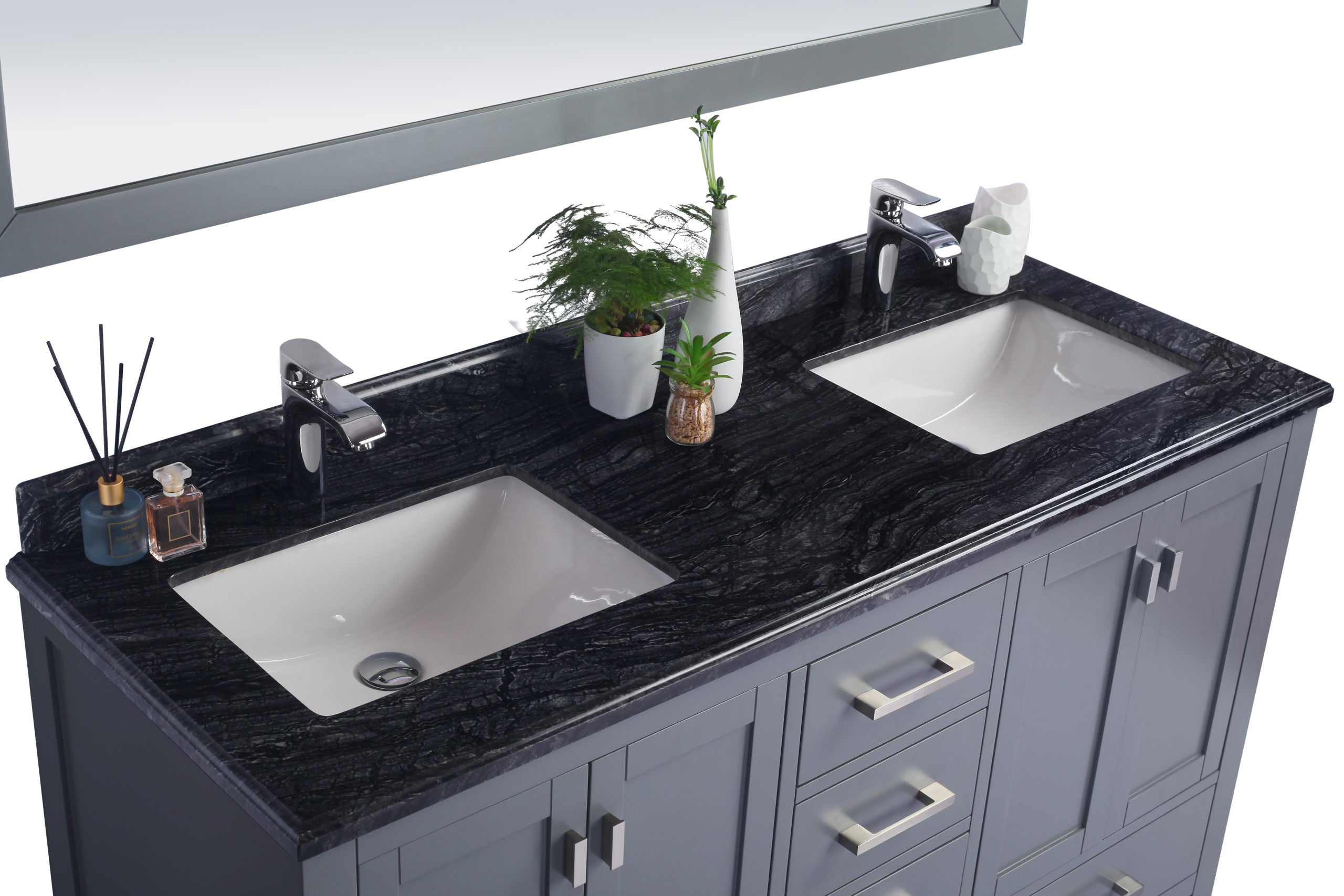 Laviva Forever 60" Single Hole Black Wood Marble Countertop with Double Rectangular Ceramic Sinks | 313SQ1H-60-BW