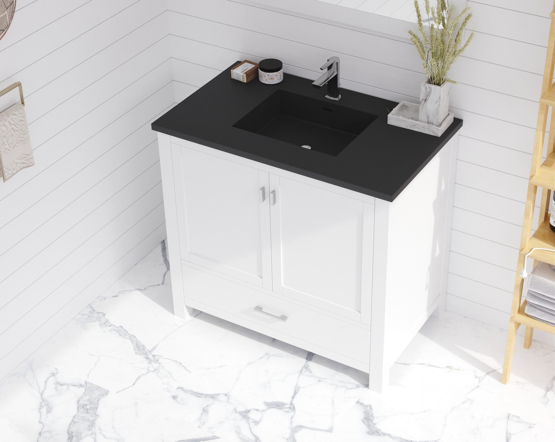 Laviva Forever VIVA Stone 36" Matte Black Solid Surface Countertop with Left Offset Integrated Sink | 313SQ1HSS-36