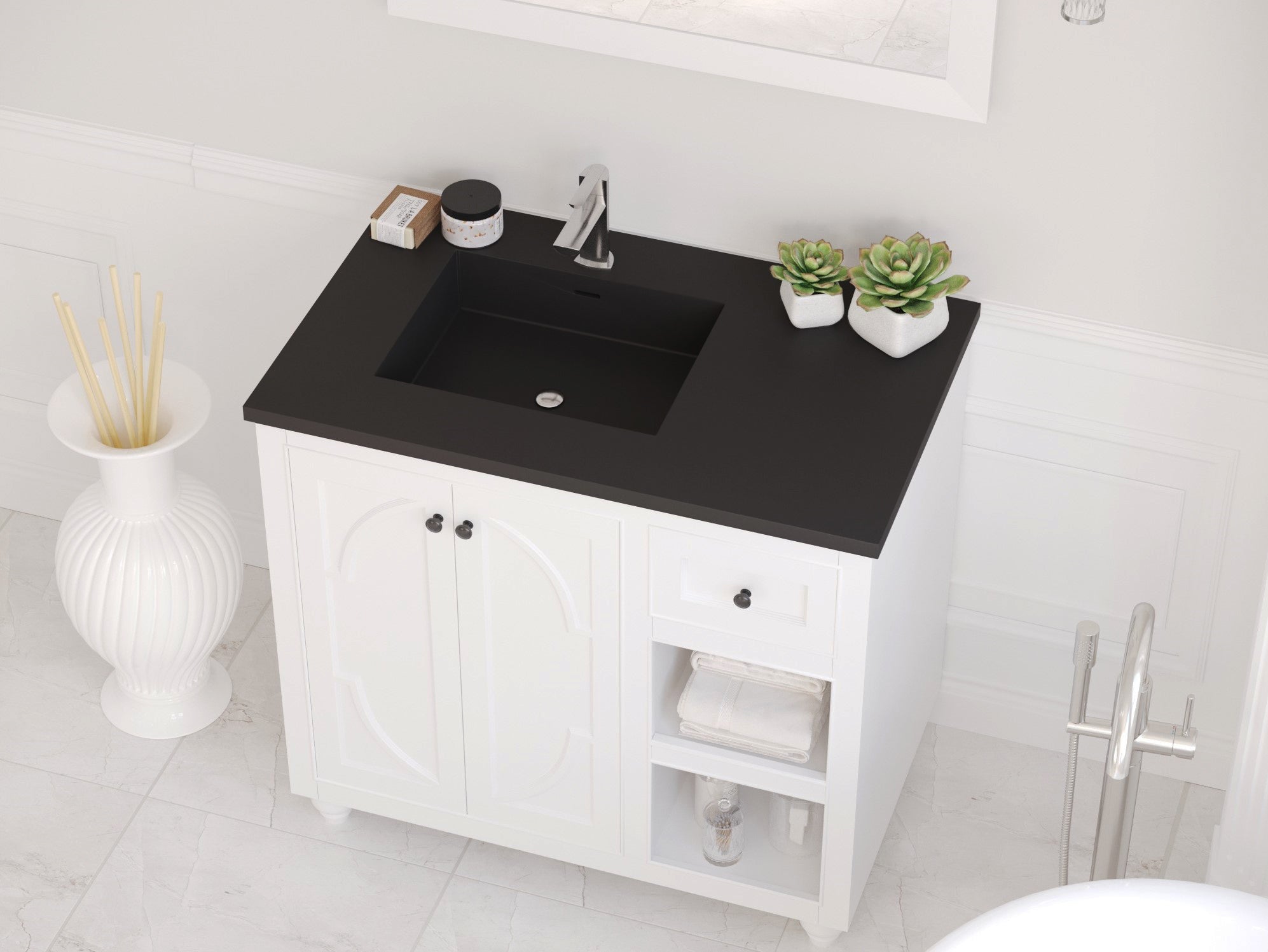 Laviva Forever VIVA Stone 36" Matte Black Solid Surface Countertop with Left Offset Integrated Sink | 313SQ1HSS-36