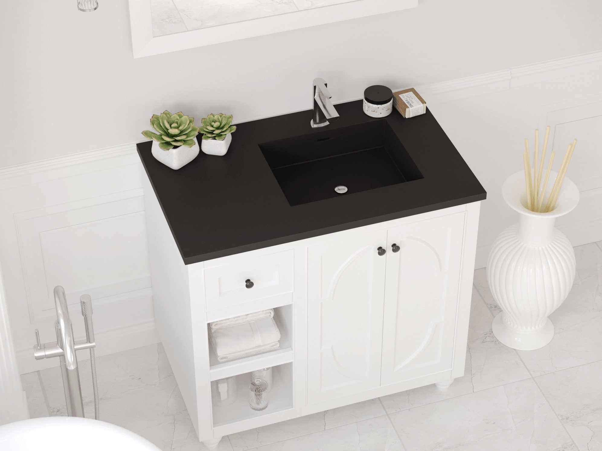 Laviva Forever VIVA Stone 36" Matte Black Solid Surface Countertop with Left Offset Integrated Sink | 313SQ1HSS-36