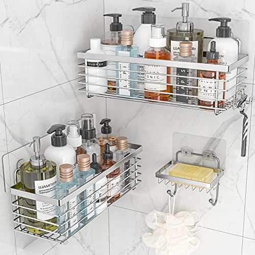 Shower Caddy Basket with Hooks, Soap Dish & Holder Shelf | Adhesive, No Drilling (3 Pack)