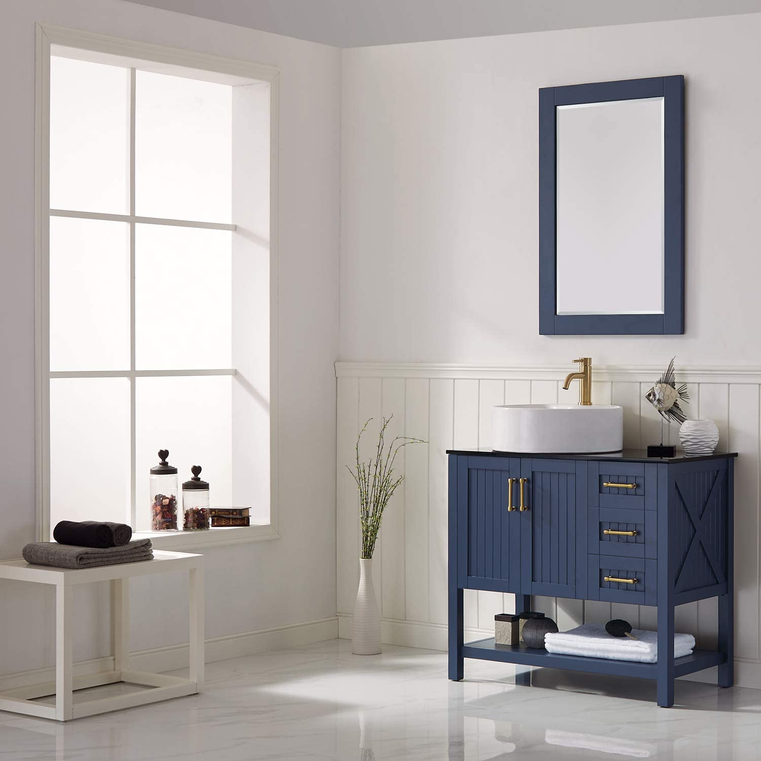 Vinnova Modena 36” Bathroom Vanity Set in Royal Blue w/ Glass Countertop w/ White Vessel Sink | 756036-RB-BG