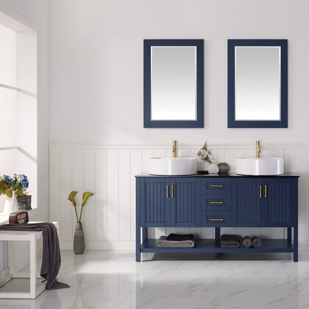 Vinnova Modena 60” Bathroom Double Vanity Set in Royal Blue w/ Glass Countertop w/ White Vessel Sink | 756060-RB-BG