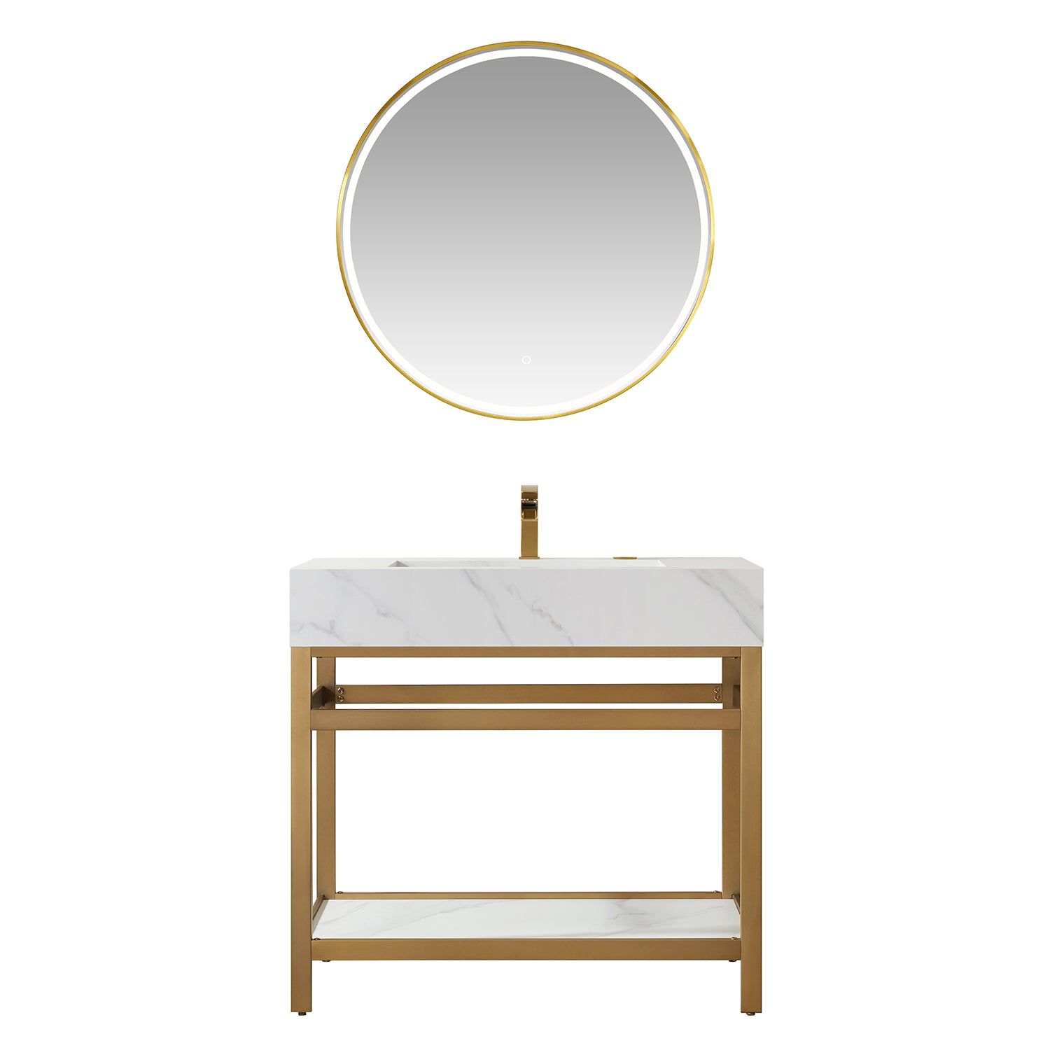 Vinnova Bilbao 36" Bathroom Vanity Set w/ Brushed-Gold & Snow-white Faux-stone Countertop | 701136-BG-SMB