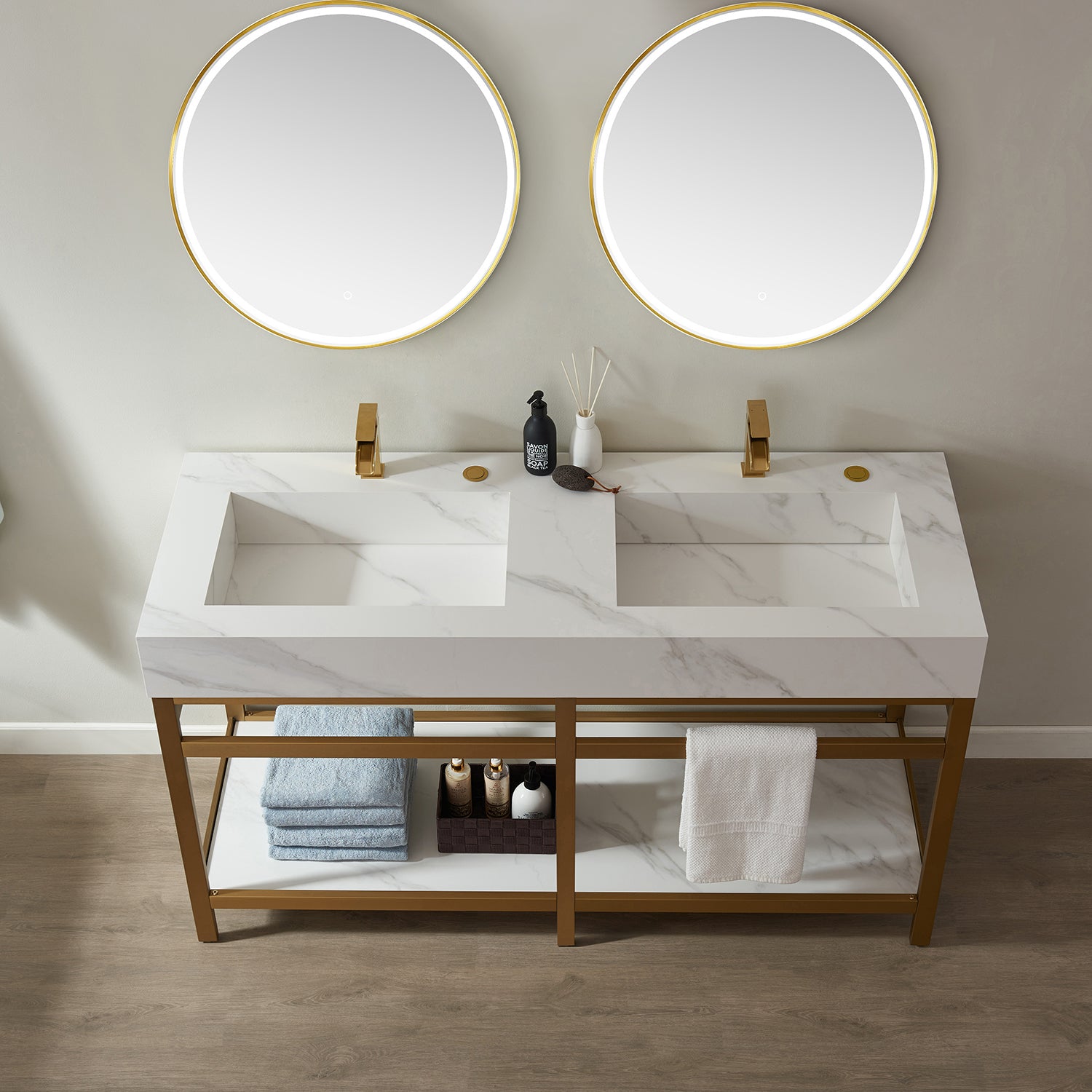 Vinnova Bilbao 72" Bathroom Vanity Set w/ Brushed-Gold & Snow-white Faux-stone Countertop | 701172-BG-SMB