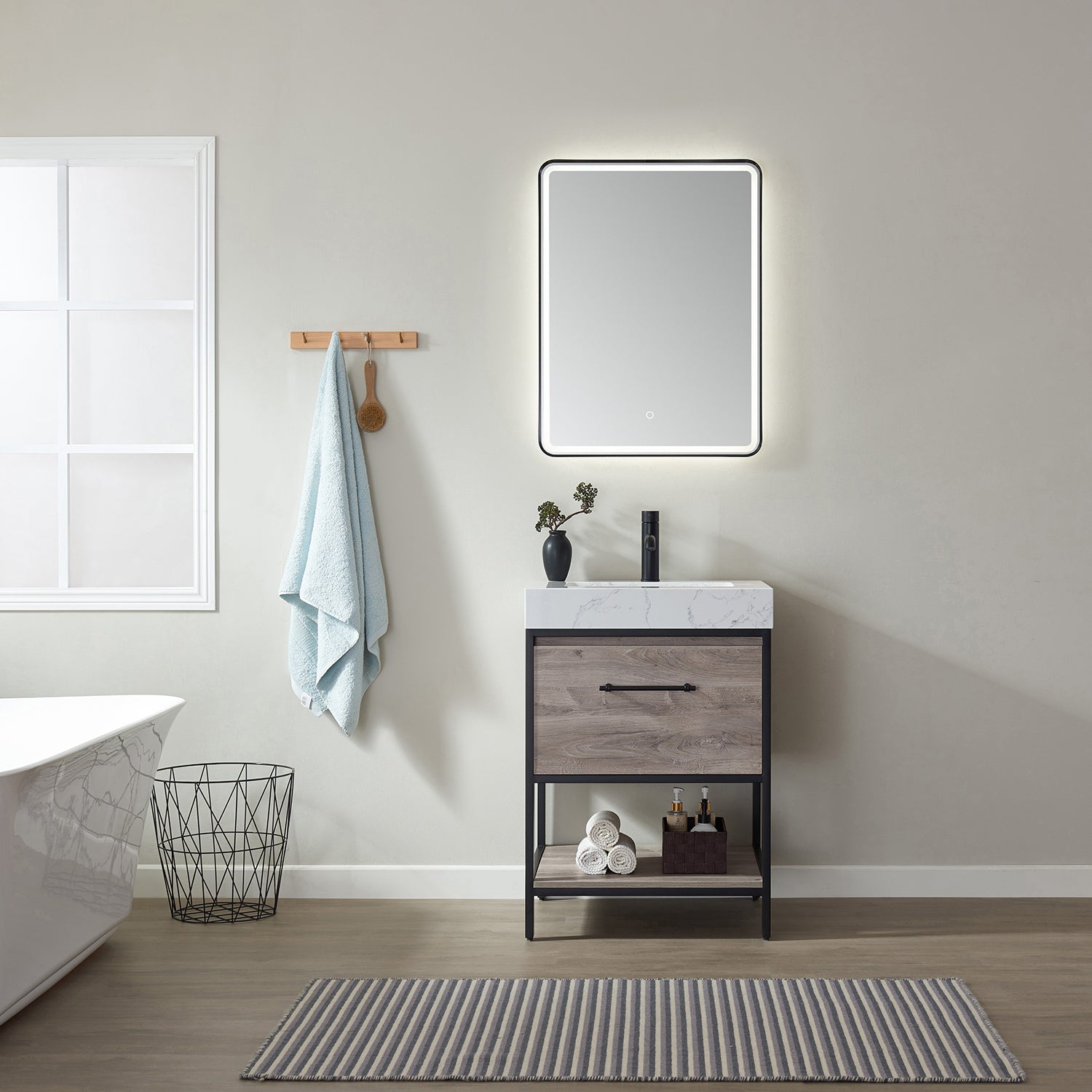 Vinnova Palma 24" Bathroom Vanity Set in Mexican Oak w/ White Composite Grain Stone Countertop | 701224-MXO-GW