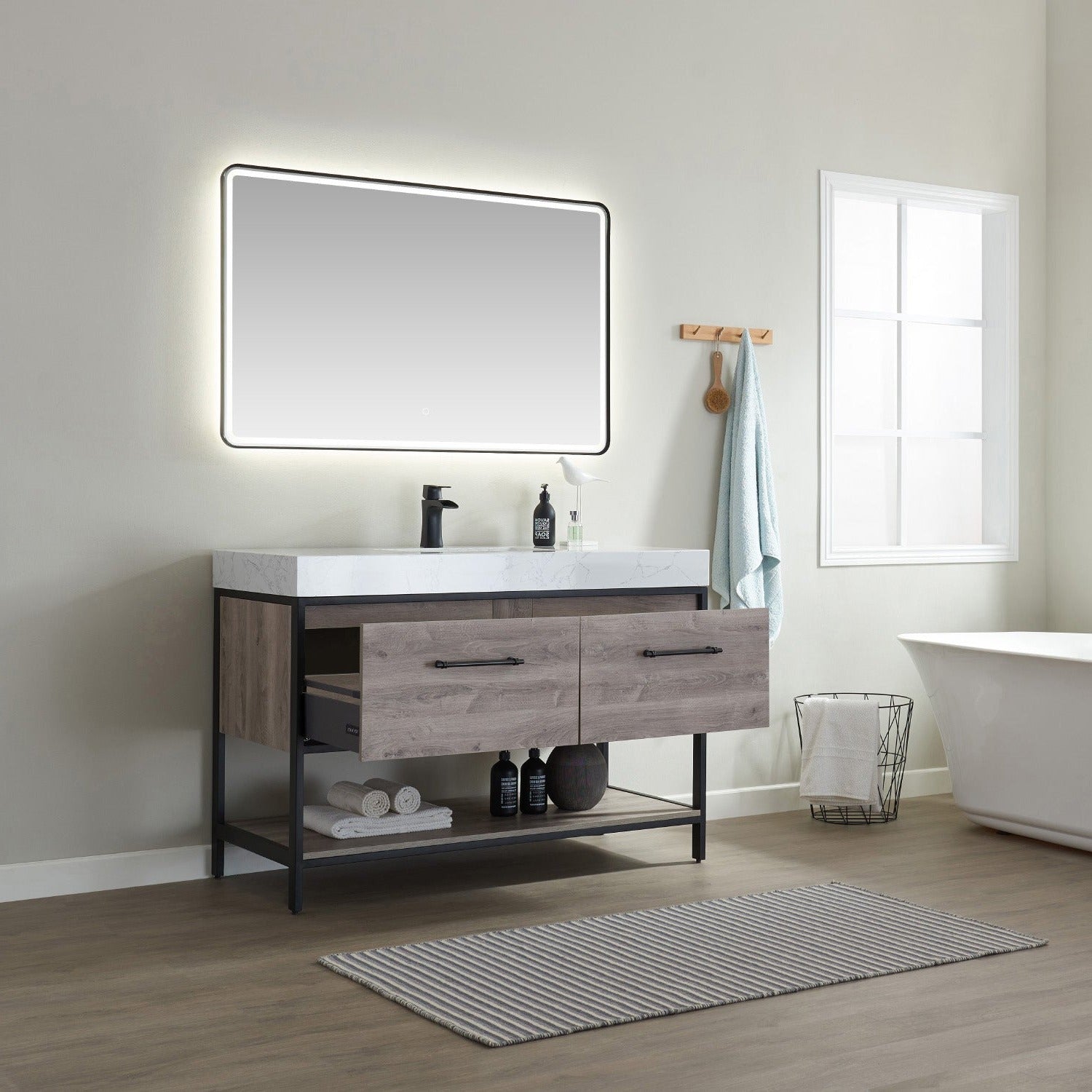 Vinnova Palma 48" Bathroom Vanity Set in Mexican Oak w/ White Composite Grain Stone Countertop | 701248-MXO-GW