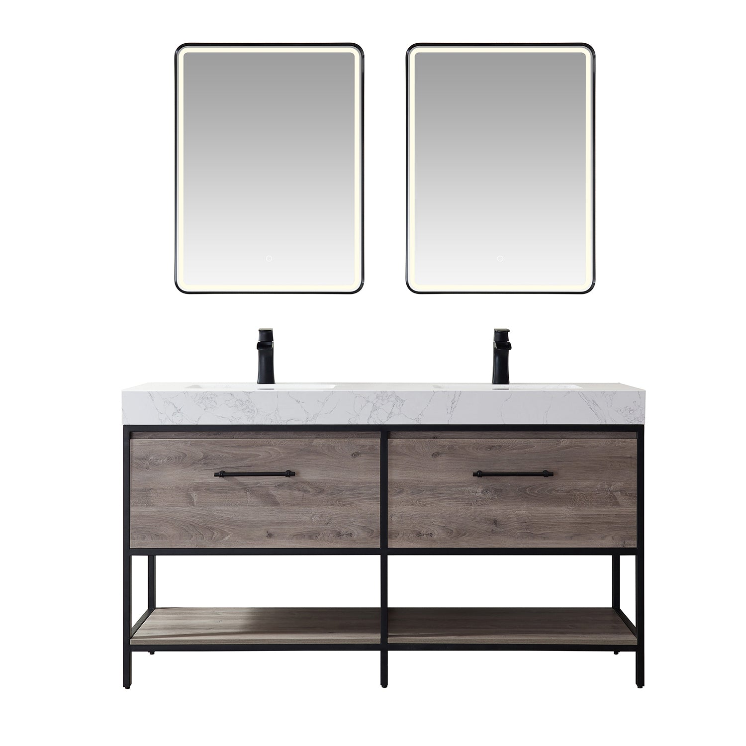 Vinnova Palma 60" Bathroom Vanity Set in Mexican Oak w/ White Composite Grain Stone Countertop | 701260-MXO-GW