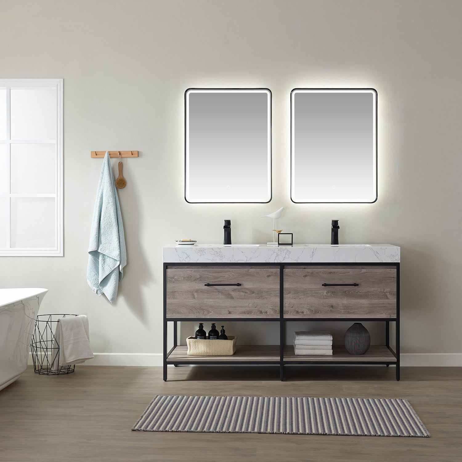 Vinnova Palma 60" Bathroom Vanity Set in Mexican Oak w/ White Composite Grain Stone Countertop | 701260-MXO-GW