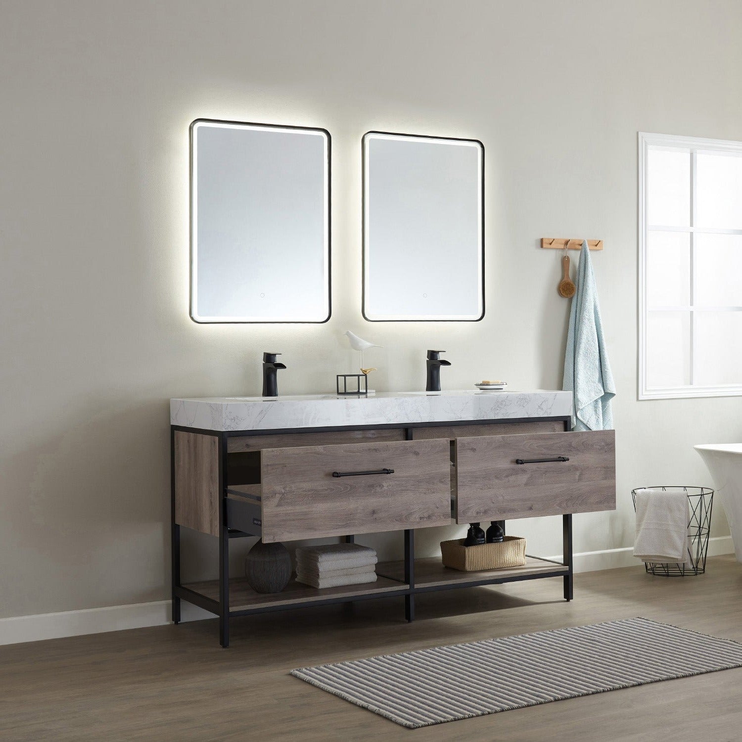 Vinnova Palma 60" Bathroom Vanity Set in Mexican Oak w/ White Composite Grain Stone Countertop | 701260-MXO-GW