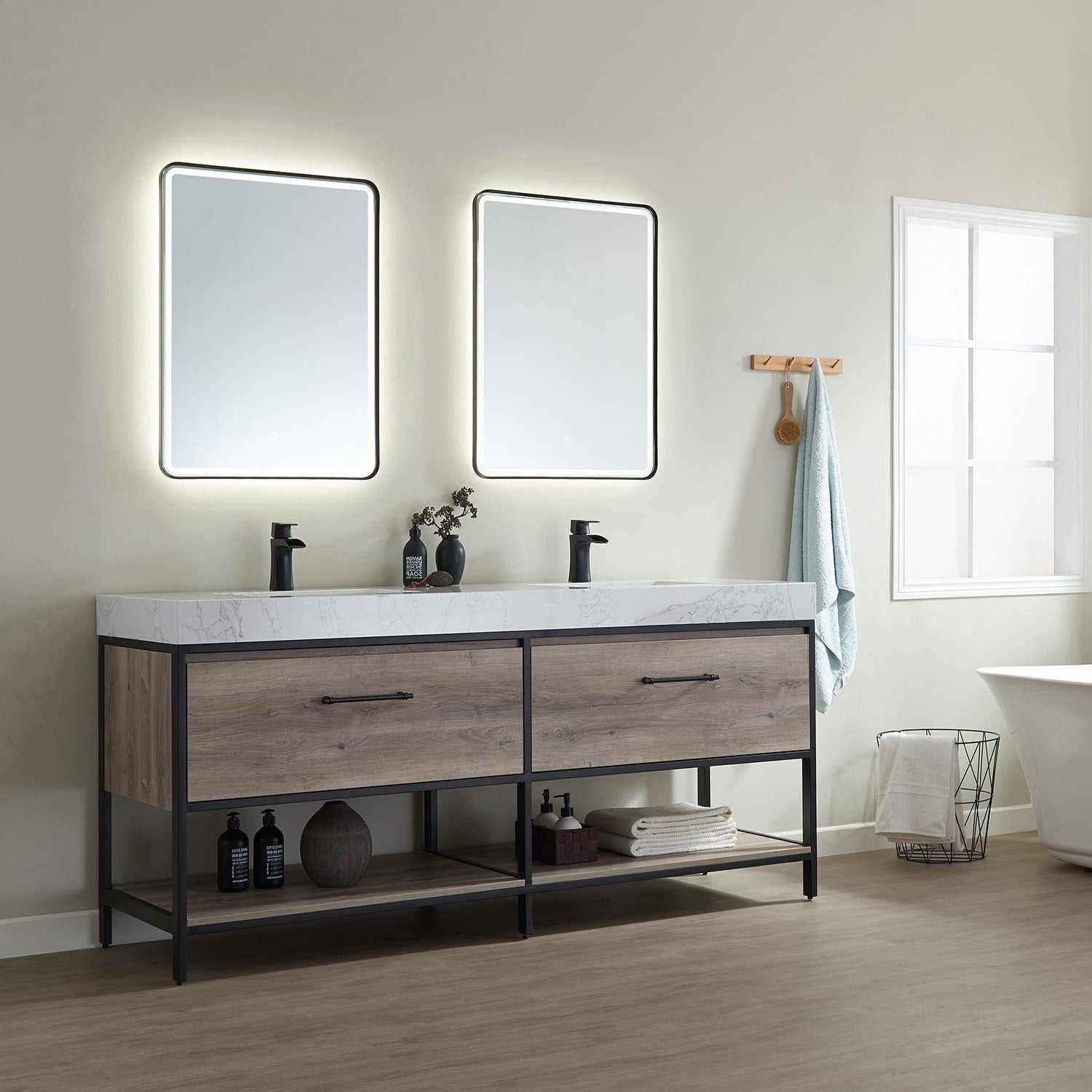 Vinnova Palma 72" Bathroom Vanity Set in Mexican Oak w/ White Composite Grain Stone Countertop | 701272-MXO-GW