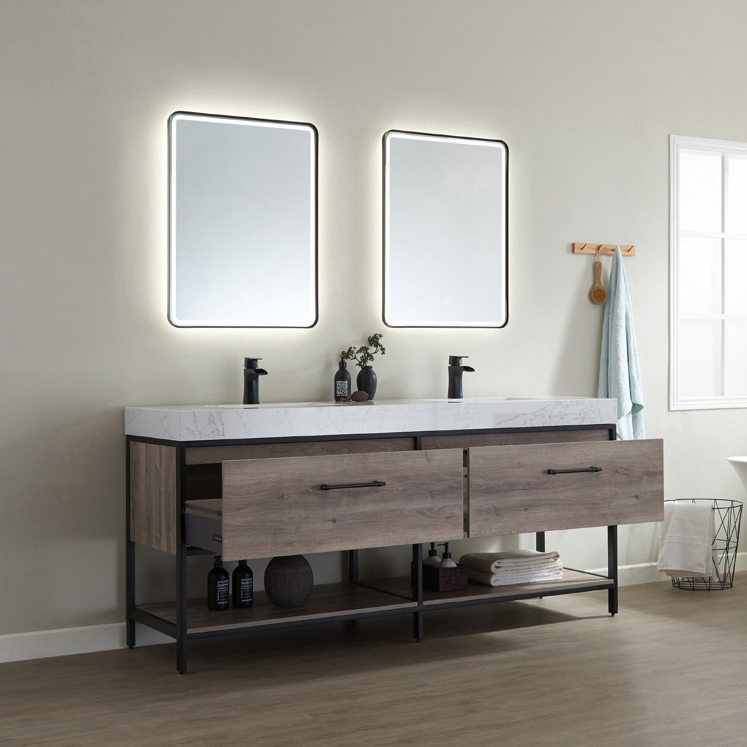 Vinnova Palma 72" Bathroom Vanity Set in Mexican Oak w/ White Composite Grain Stone Countertop | 701272-MXO-GW