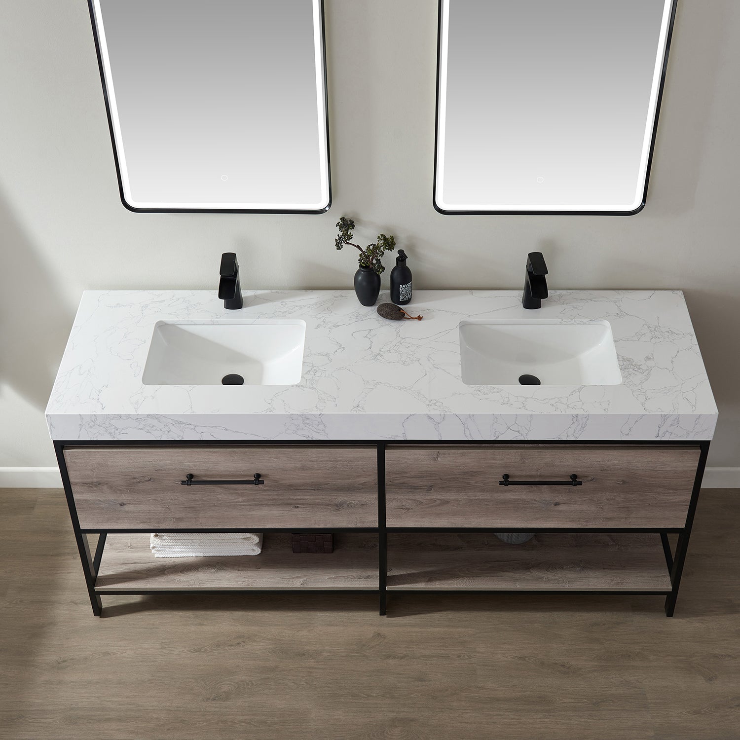 Vinnova Palma 72" Bathroom Vanity Set in Mexican Oak w/ White Composite Grain Stone Countertop | 701272-MXO-GW