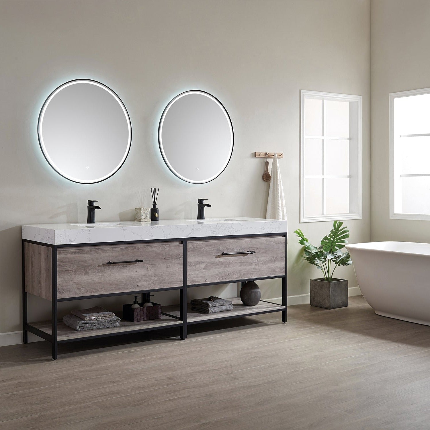 Vinnova Palma 84" Bathroom Vanity Set in Mexican Oak w/ White Composite Grain Stone Countertop | 701284-MXO-GW