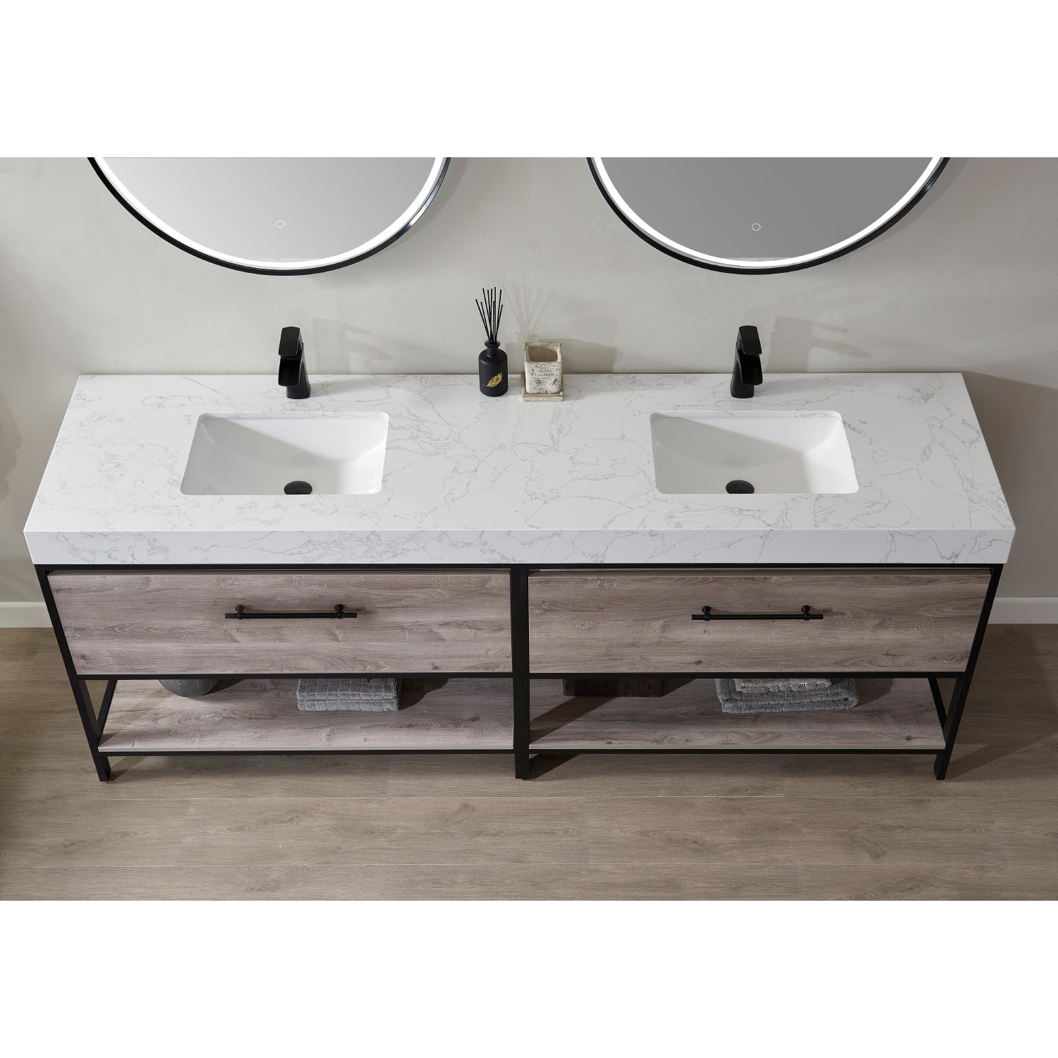 Vinnova Palma 84" Bathroom Vanity Set in Mexican Oak w/ White Composite Grain Stone Countertop | 701284-MXO-GW
