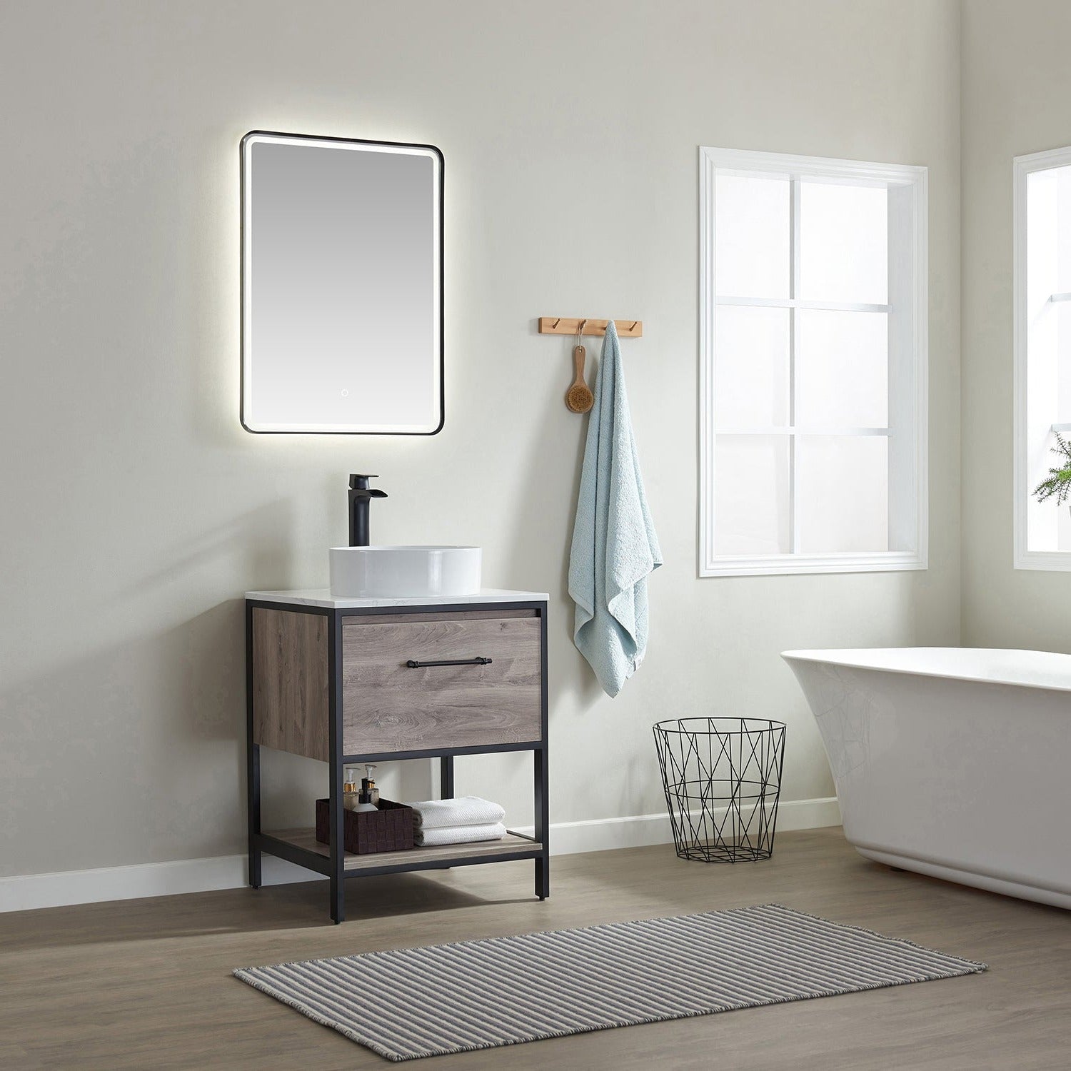 Vinnova Murcia 24" Bathroom Vanity Set in Mexican Oak w/ White Composite Grain Stone Countertop & vessel sink | 701324-MXO-GW