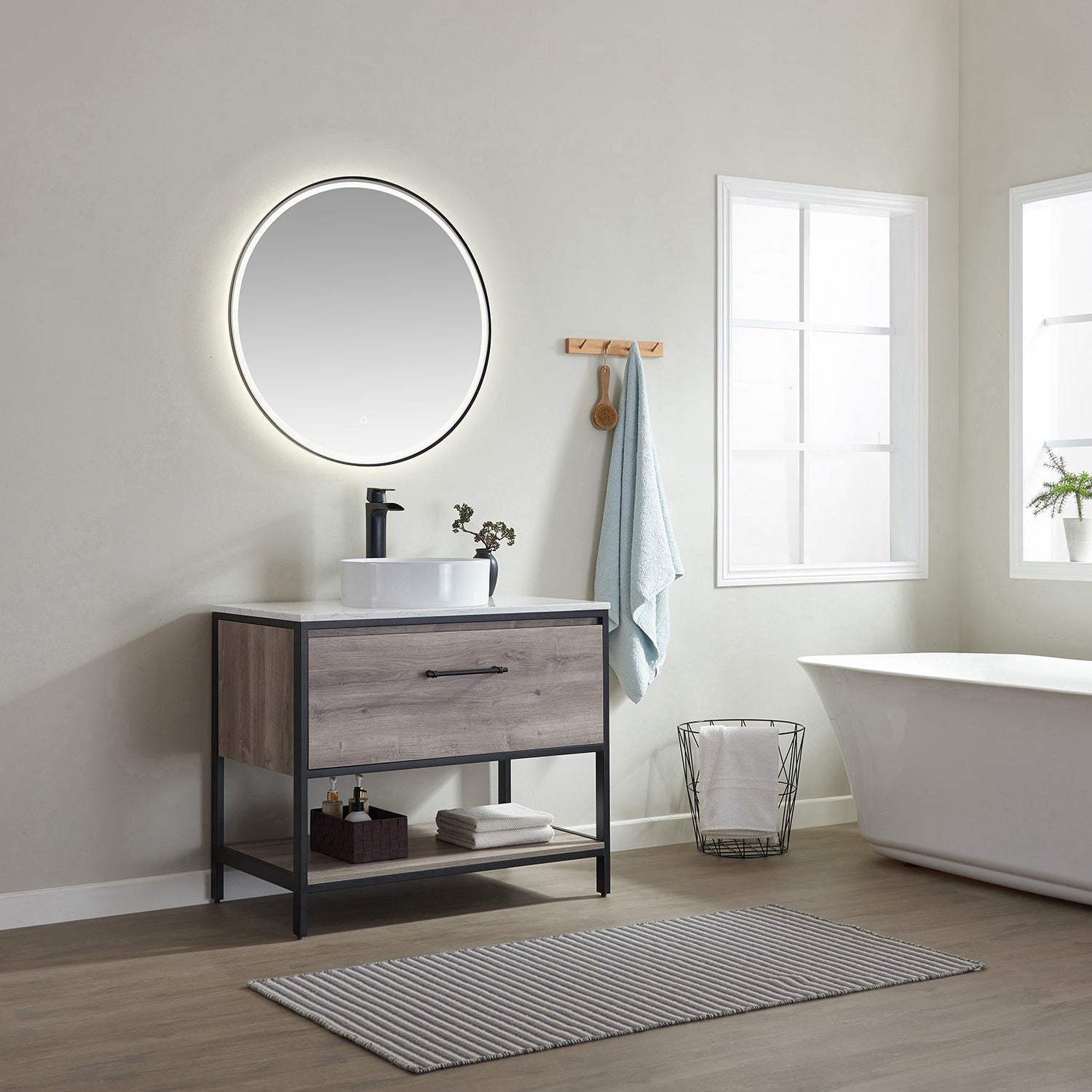 Vinnova Murcia 36" Bathroom Vanity Set in Mexican Oak w/ White Composite Grain Stone Countertop & vessel sink | 701336-MXO-GW