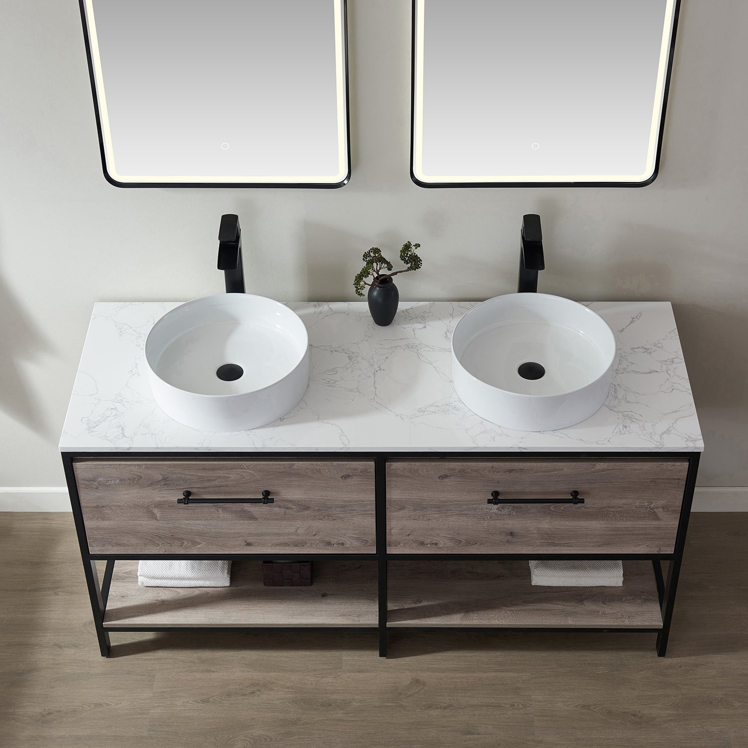 Vinnova Murcia 60" Bathroom Vanity Set in Mexican Oak w/ White Composite Grain Stone Countertop & vessel sink | 701360-MXO-GW