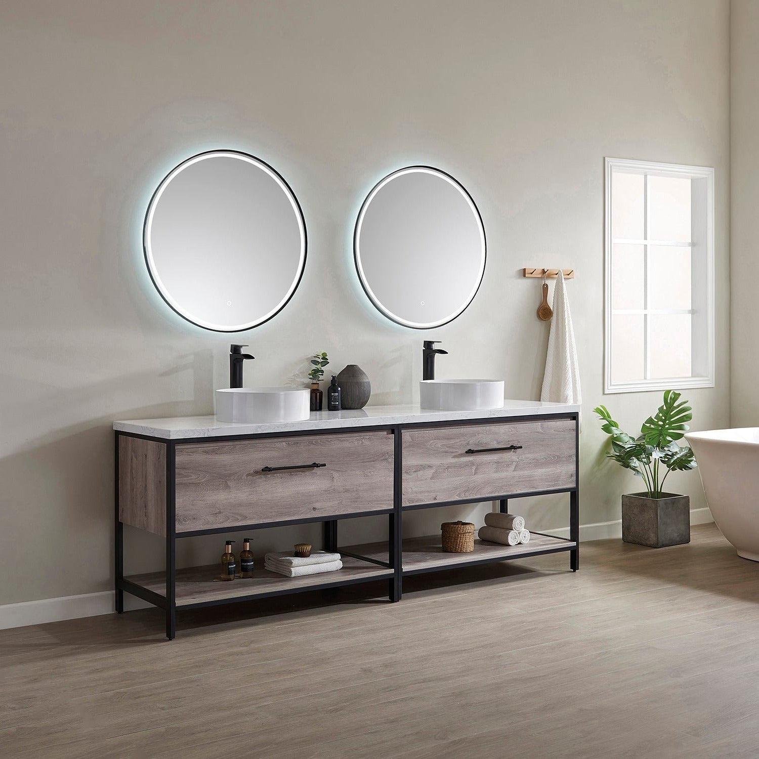 Vinnova Murcia 84" Bathroom Vanity Set in Mexican Oak w/ White Composite Grain Stone Countertop & vessel sink | 701384-MXO-GW