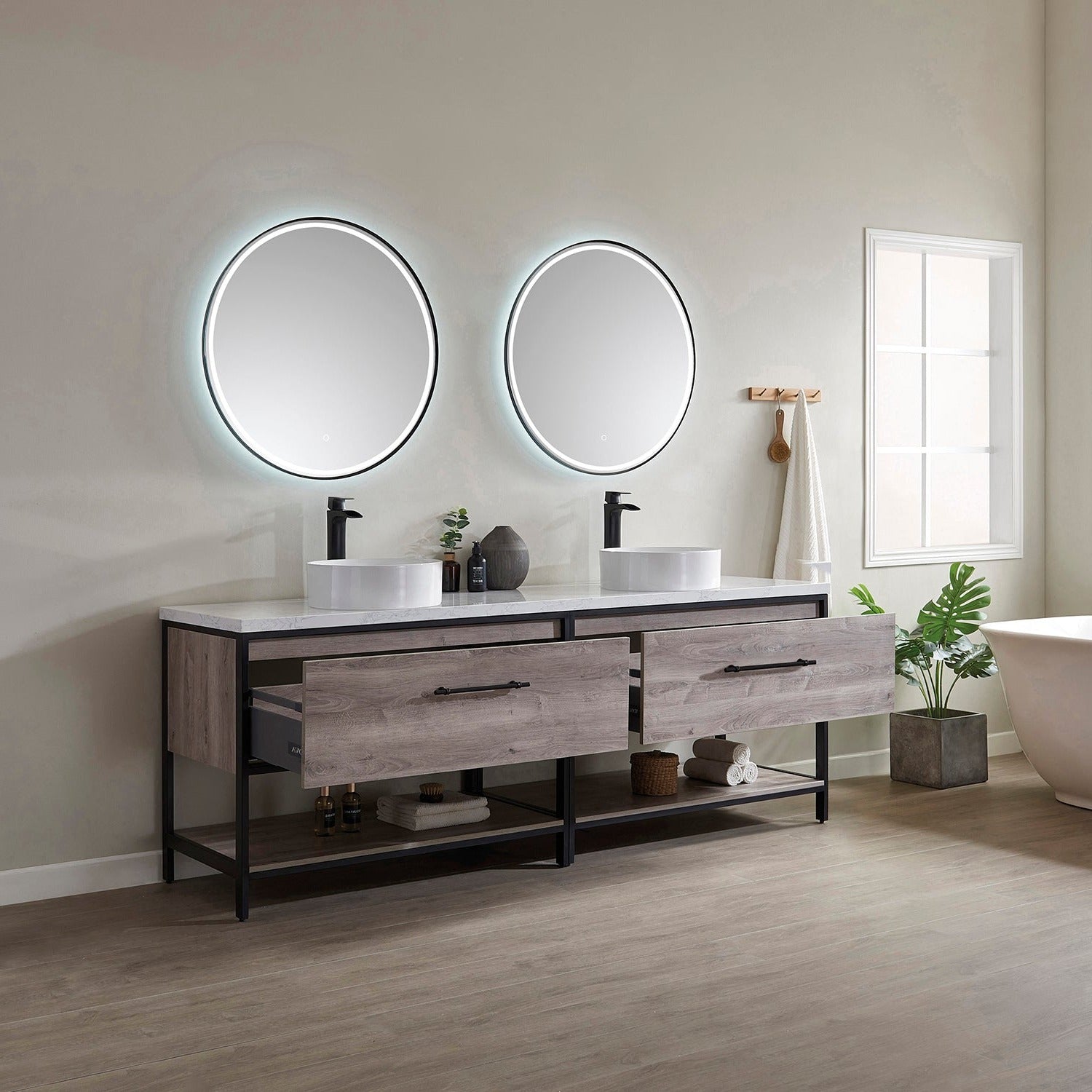 Vinnova Murcia 84" Bathroom Vanity Set in Mexican Oak w/ White Composite Grain Stone Countertop & vessel sink | 701384-MXO-GW