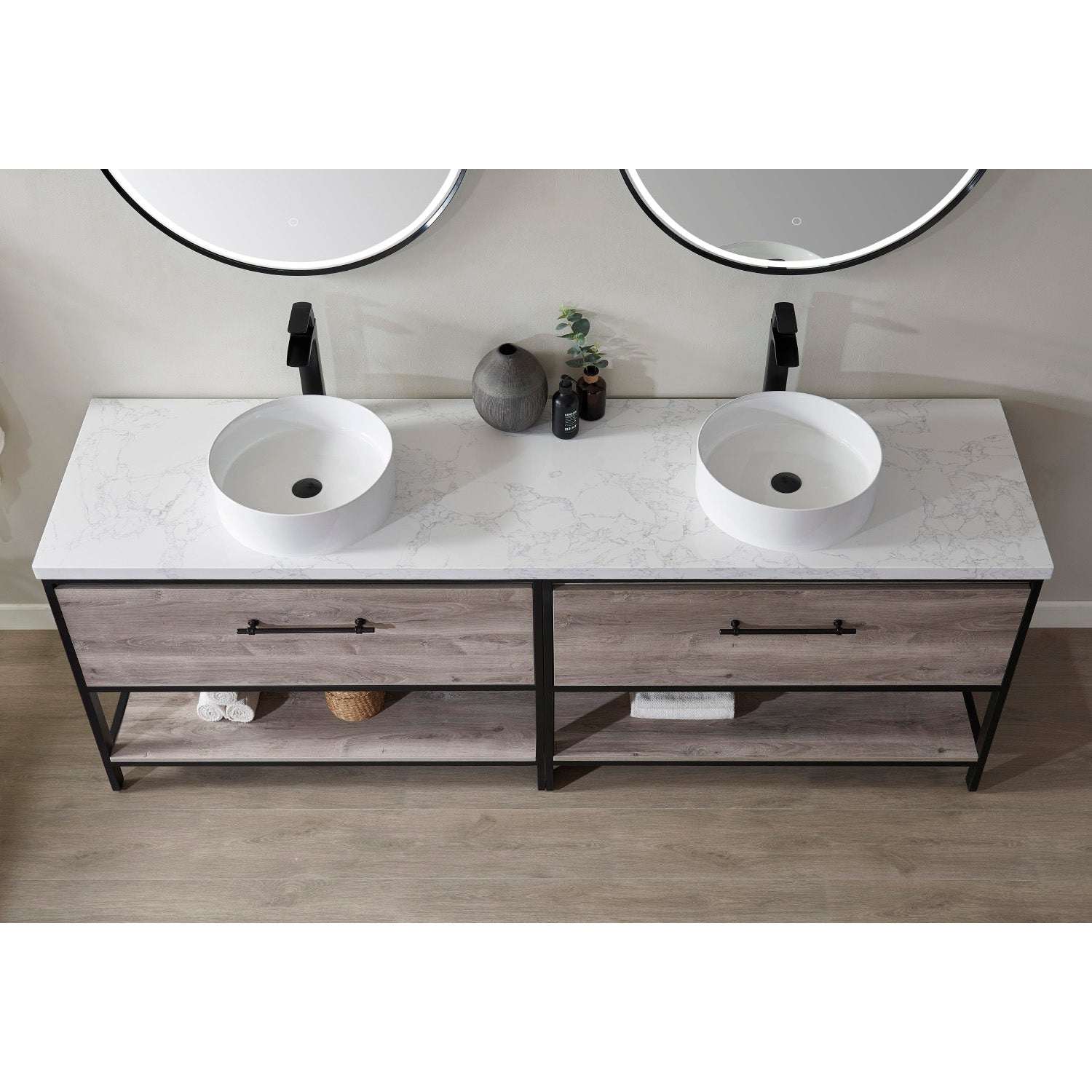 Vinnova Murcia 84" Bathroom Vanity Set in Mexican Oak w/ White Composite Grain Stone Countertop & vessel sink | 701384-MXO-GW