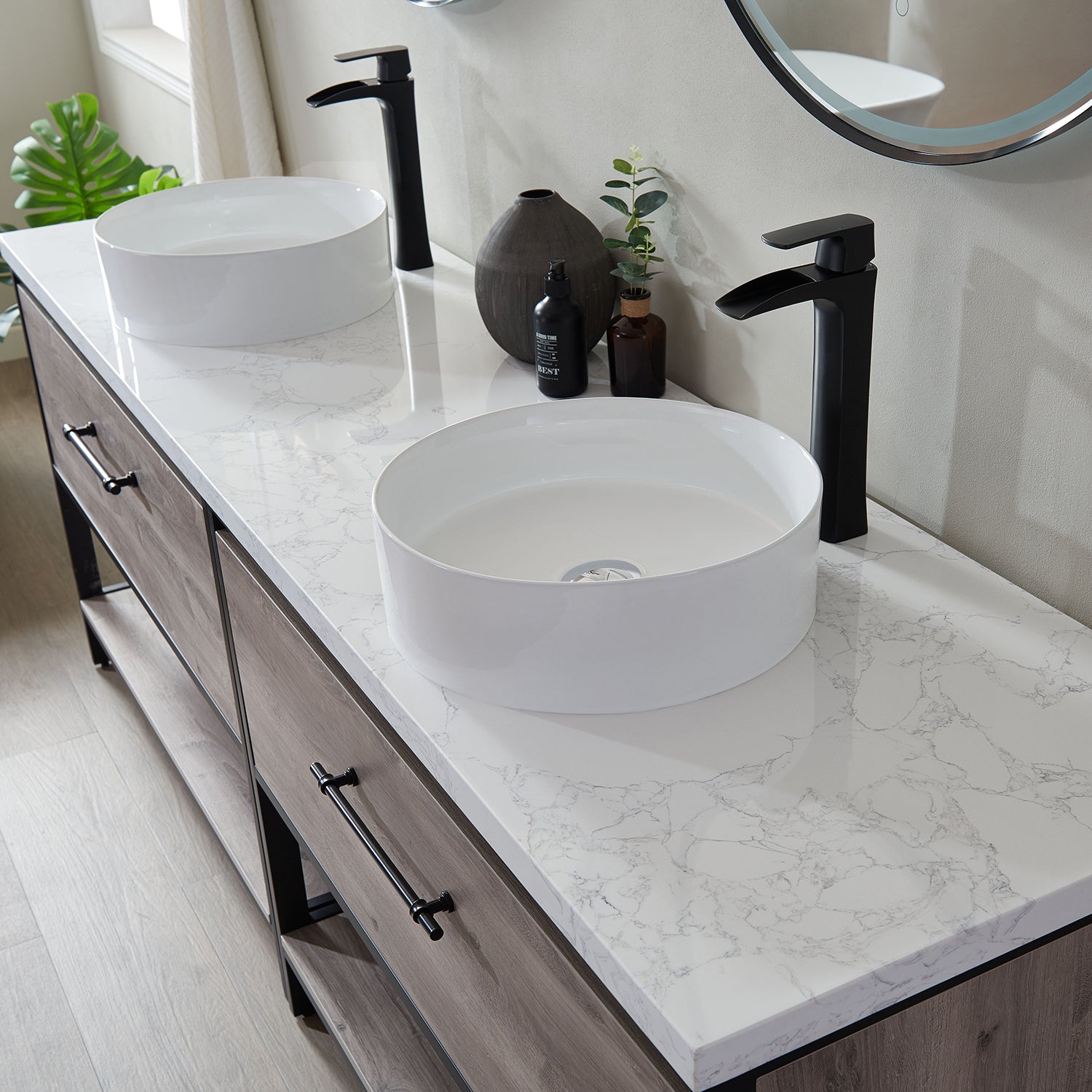 Vinnova Murcia 84" Bathroom Vanity Set in Mexican Oak w/ White Composite Grain Stone Countertop & vessel sink | 701384-MXO-GW