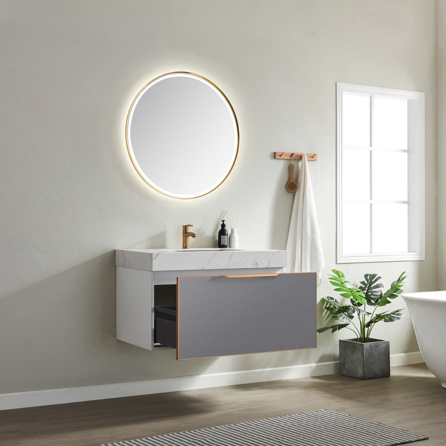 Vinnova Alicante 36" Bathroom Vanity Set in Grey w/ White Sintered Stone Countertop & Under-mount Sink | 701436-MG-SMB
