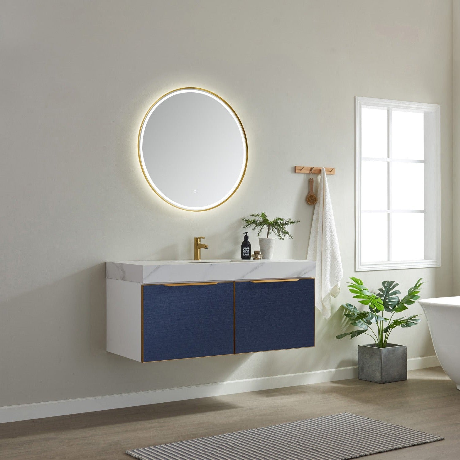 Vinnova Alicante 48" Bathroom Vanity Set in Blue w/ White Sintered Stone Countertop & Under-mount Sink | 701448-CB-SMB