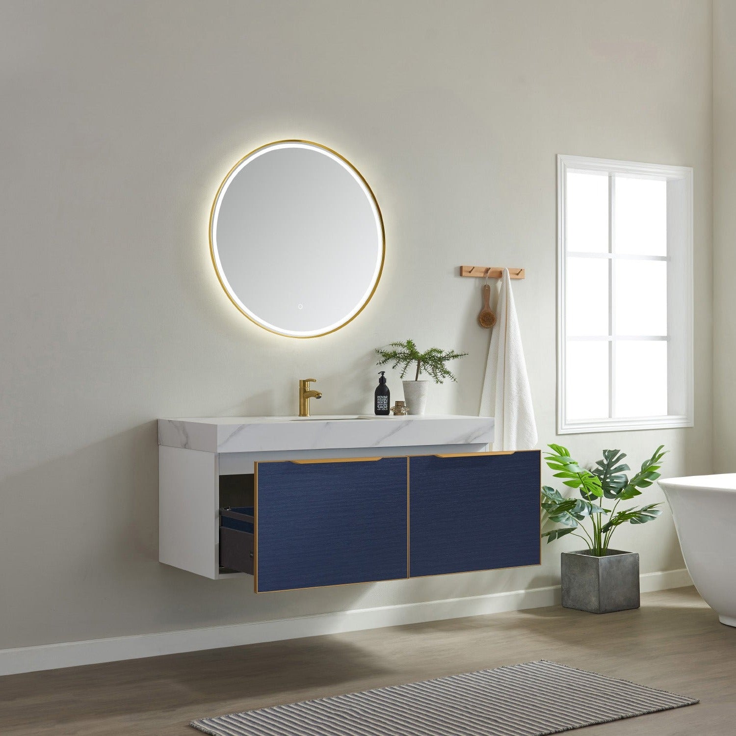 Vinnova Alicante 48" Bathroom Vanity Set in Blue w/ White Sintered Stone Countertop & Under-mount Sink | 701448-CB-SMB