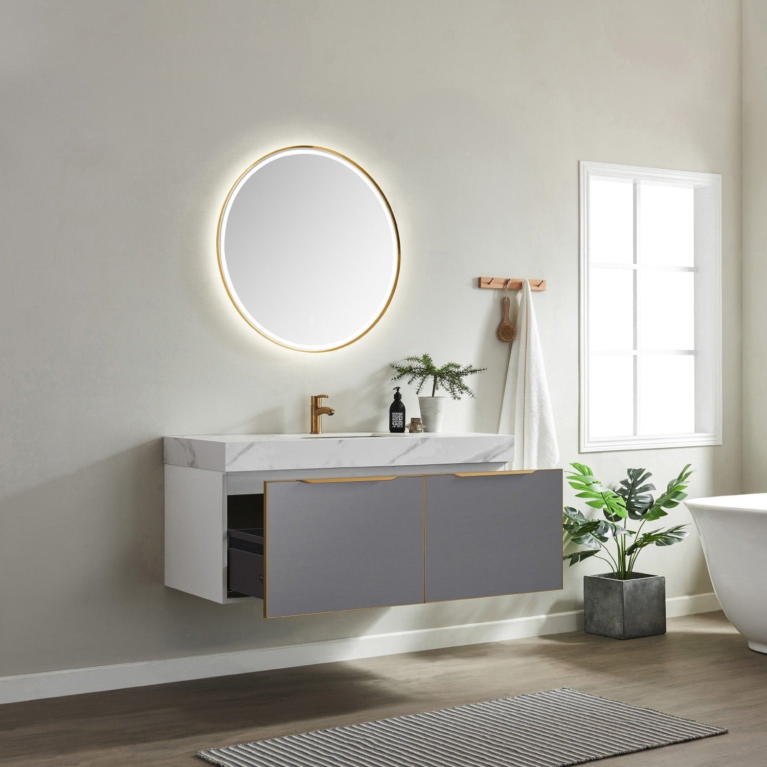 Vinnova Alicante 48" Bathroom Vanity Set in Grey w/ White Sintered Stone Countertop & Under-mount Sink | 701448-MG-SMB