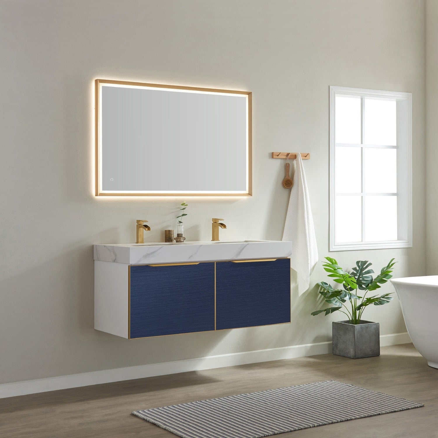 Vinnova Alicante 48" Bathroom Vanity Set in Blue w/ White Sintered Stone Countertop & Under-mount Sink | 701448M-CB-SMB