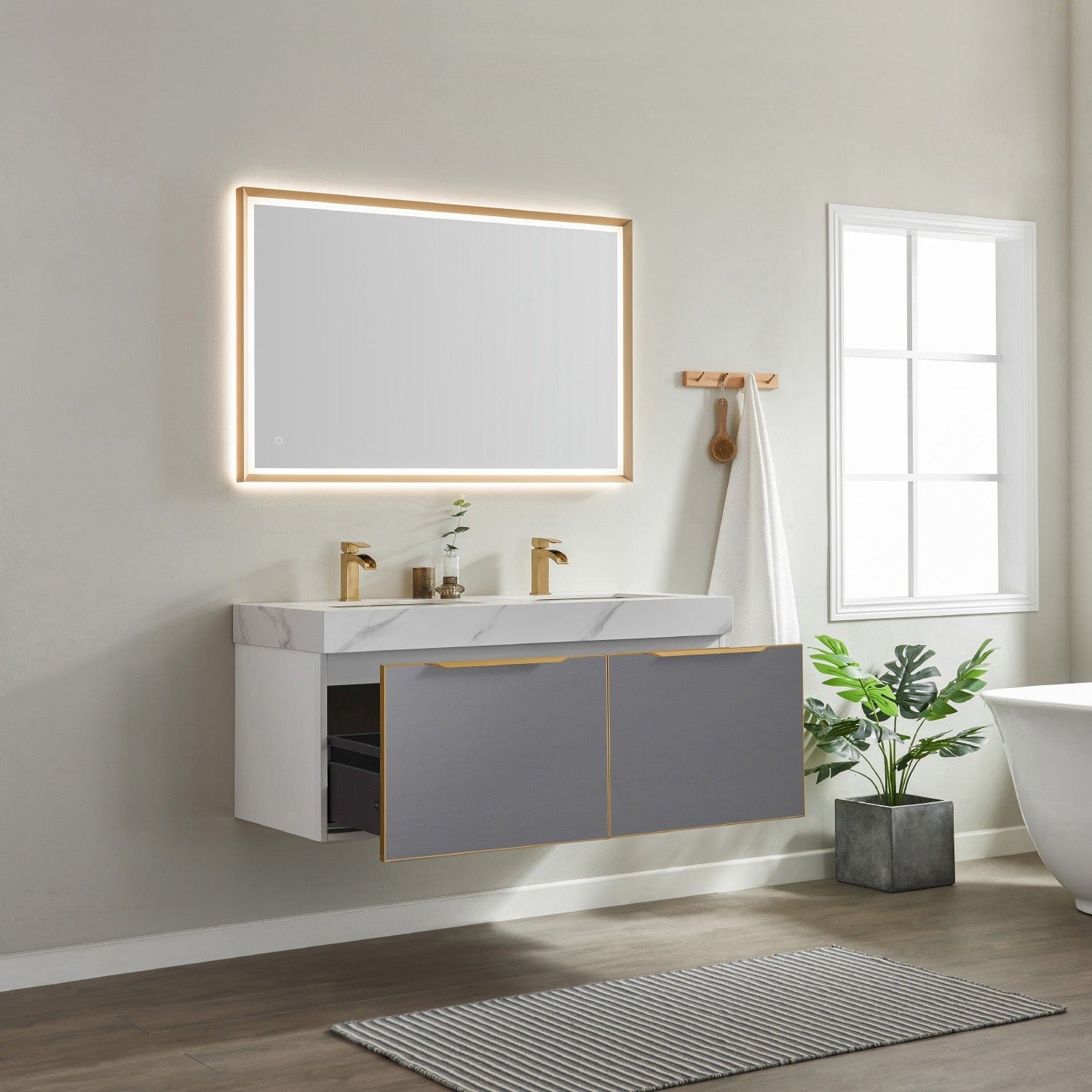 Vinnova Alicante 48" Bathroom Vanity Set in Grey w/ White Sintered Stone Countertop & Under-mount Sink | 701448M-MG-SMB
