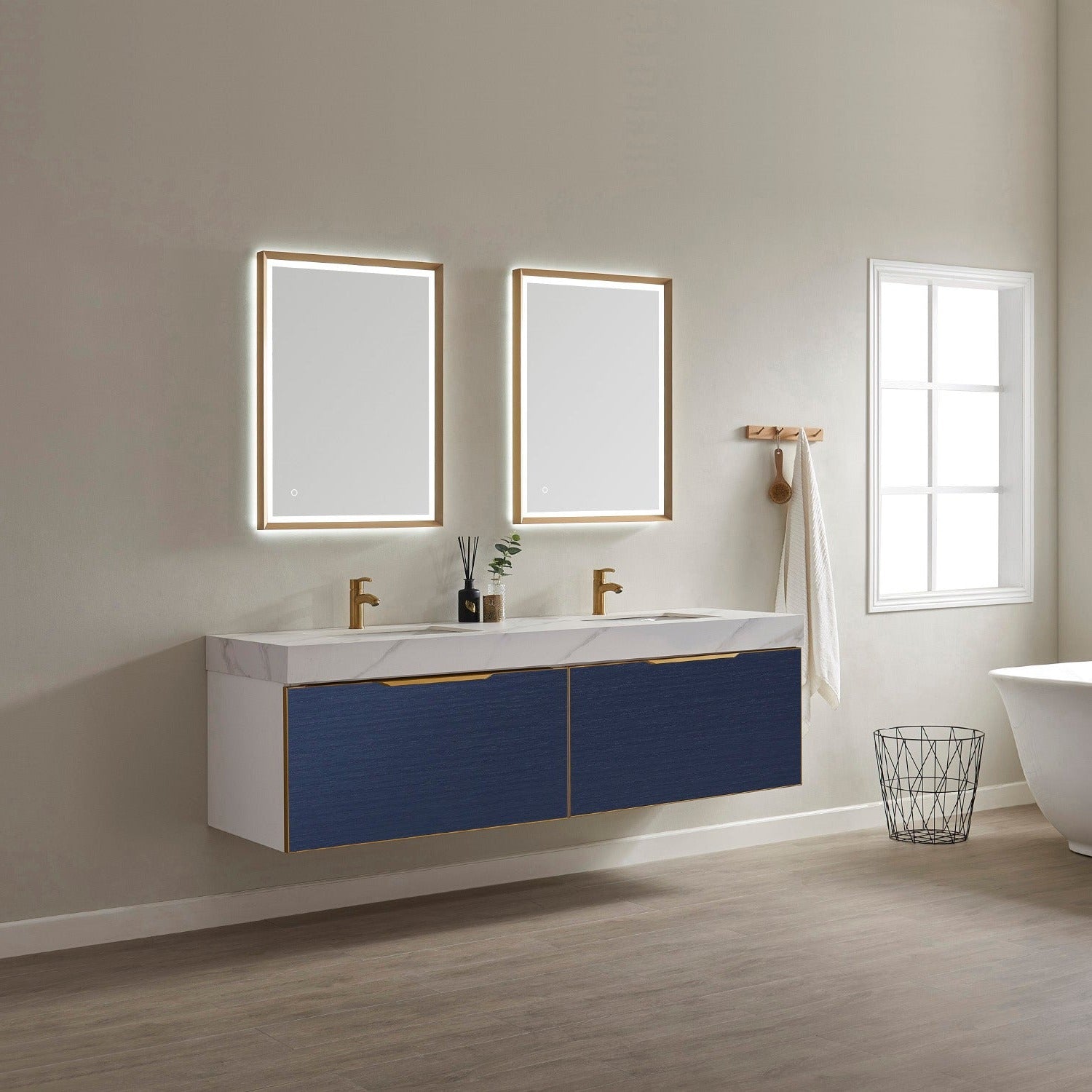 Vinnova Alicante 72" Bathroom Vanity Set in Blue w/ White Sintered Stone Countertop & Under-mount Sink | 701472-CB-SMB