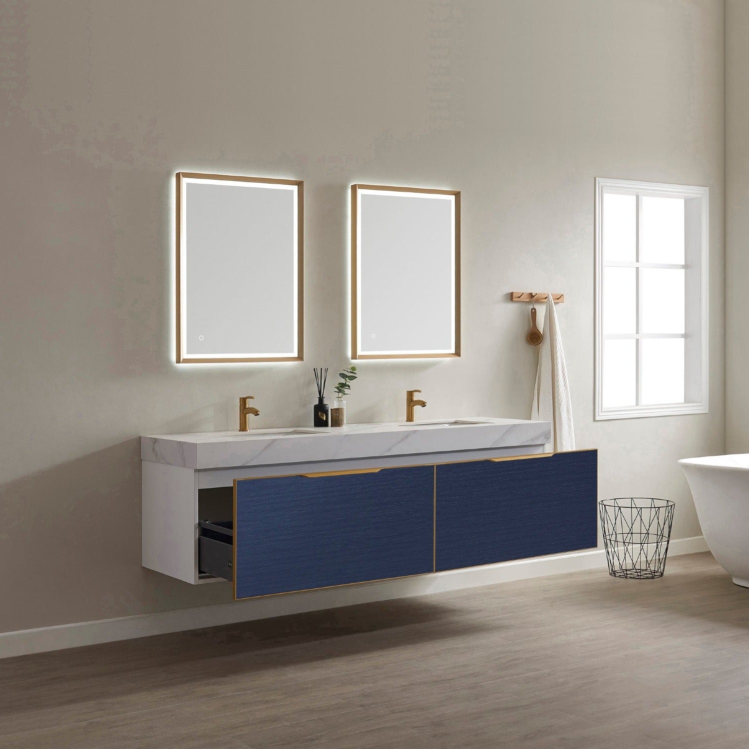 Vinnova Alicante 72" Bathroom Vanity Set in Blue w/ White Sintered Stone Countertop & Under-mount Sink | 701472-CB-SMB