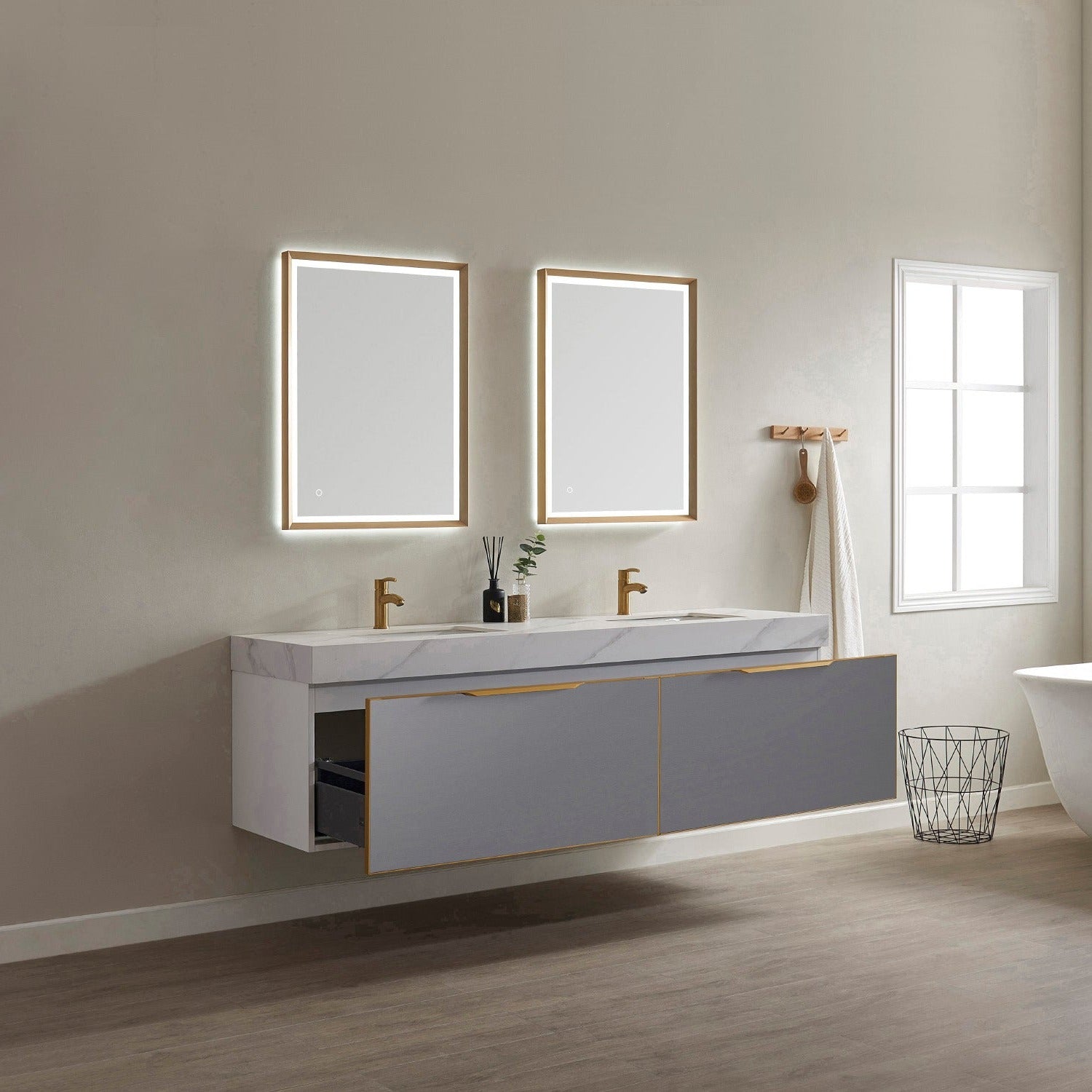 Vinnova Alicante 72" Bathroom Vanity Set in Grey w/ White Sintered Stone Countertop & Under-mount Sink | 701472-MG-SMB