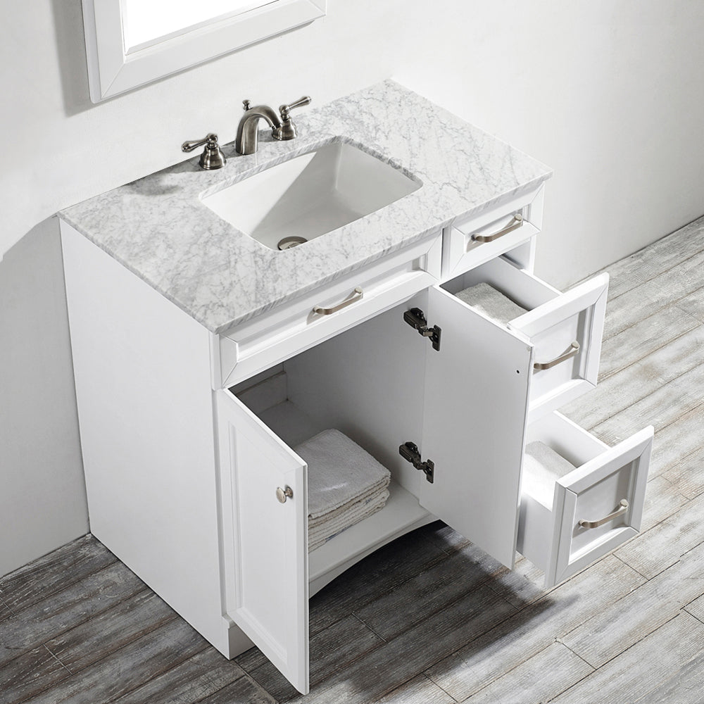 Vinnova Naples 36" Bathroom Vanity Set in White w/ Carrara White Marble Countertop | 710036-WH-CA