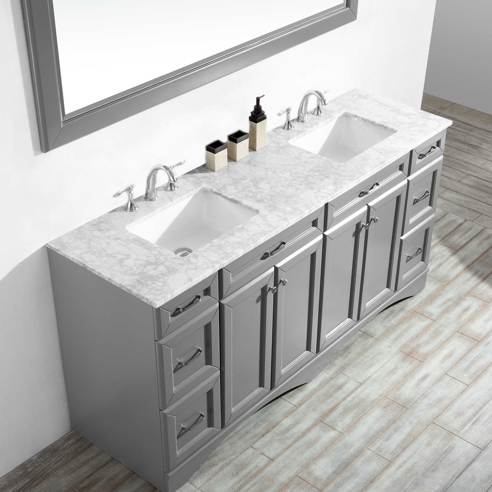 Vinnova Naples 72" Bathroom Vanity Set in Grey w/ Carrara White Marble Countertop | 710072-GR-CA