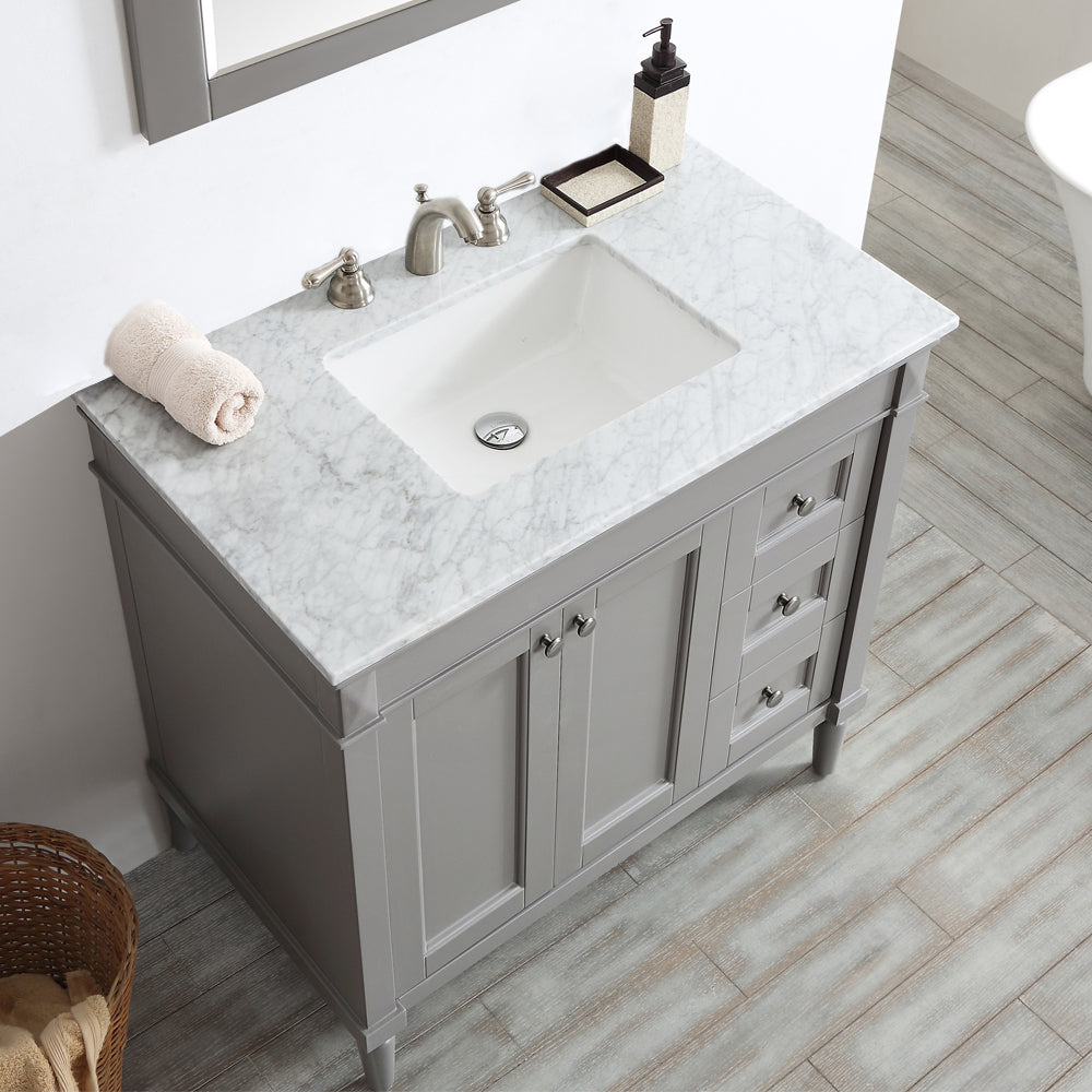 Vinnova Catania 36" Bathroom Vanity Set in Grey w/ Carrara White Marble Countertop | 715036-GR-CA