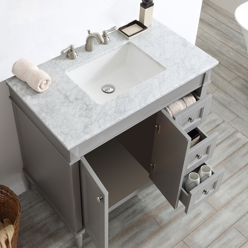 Vinnova Catania 36" Bathroom Vanity Set in Grey w/ Carrara White Marble Countertop | 715036-GR-CA