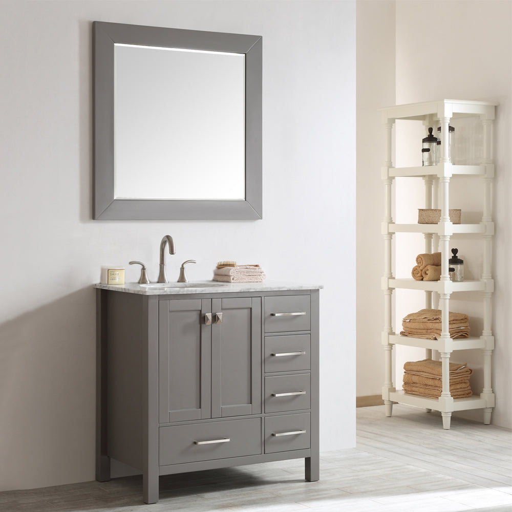 Vinnova Gela 36" Bathroom Vanity Set in Grey w/ Carrara White Marble Countertop | 723036-GR-CA