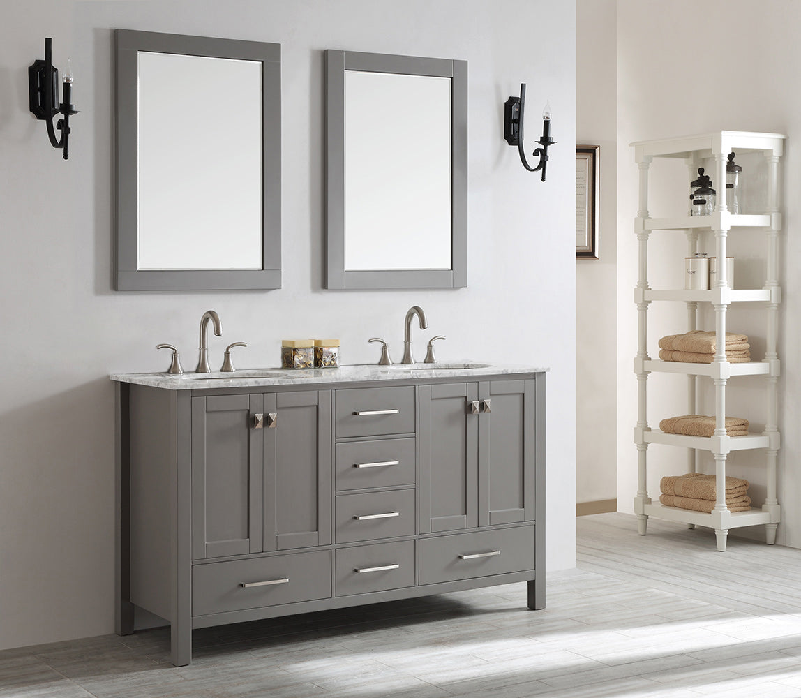 Vinnova Gela 60" Bathroom Double Vanity Set in Grey w/ Carrara White Marble Countertop | 723060-GR-CA