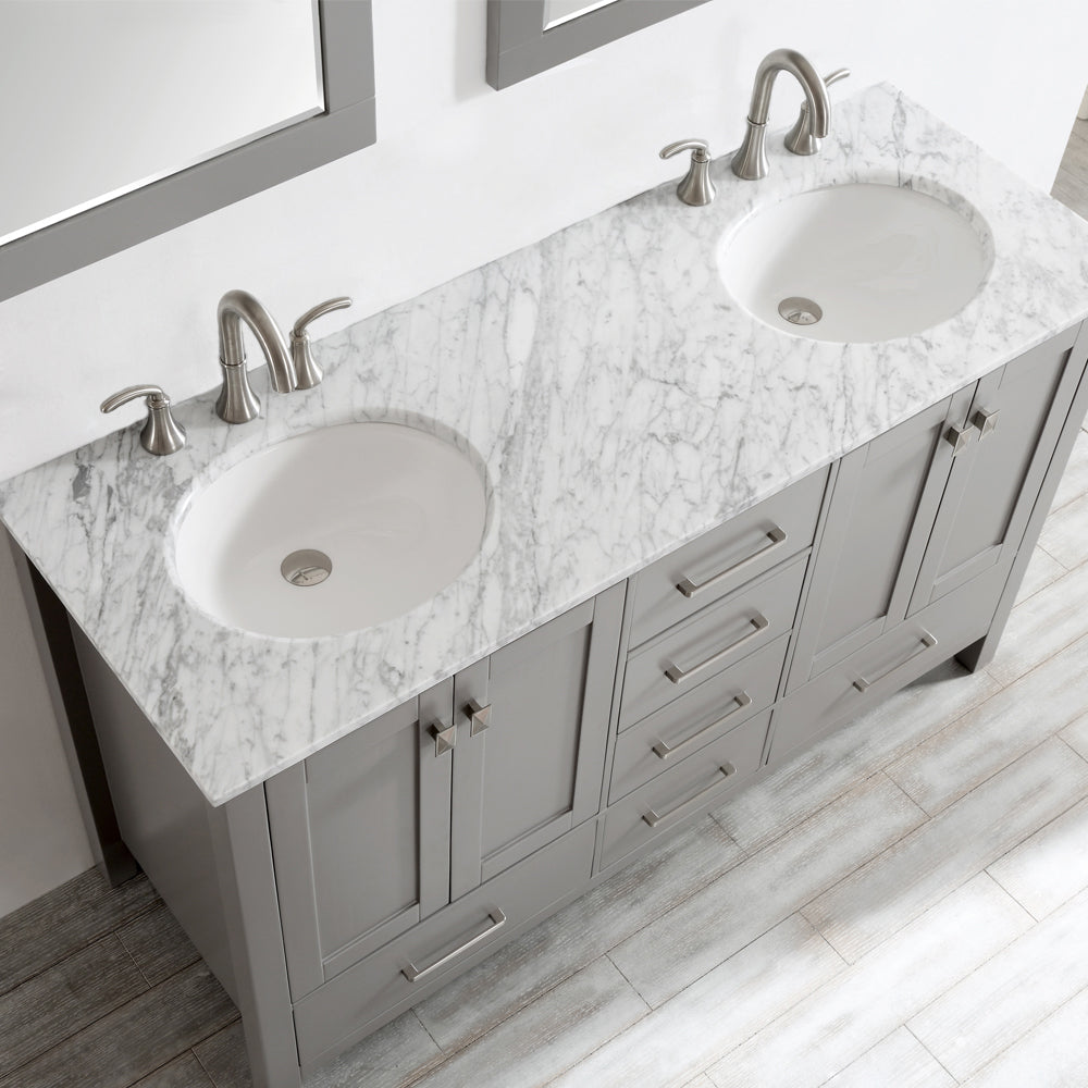 Vinnova Gela 60" Bathroom Double Vanity Set in Grey w/ Carrara White Marble Countertop | 723060-GR-CA