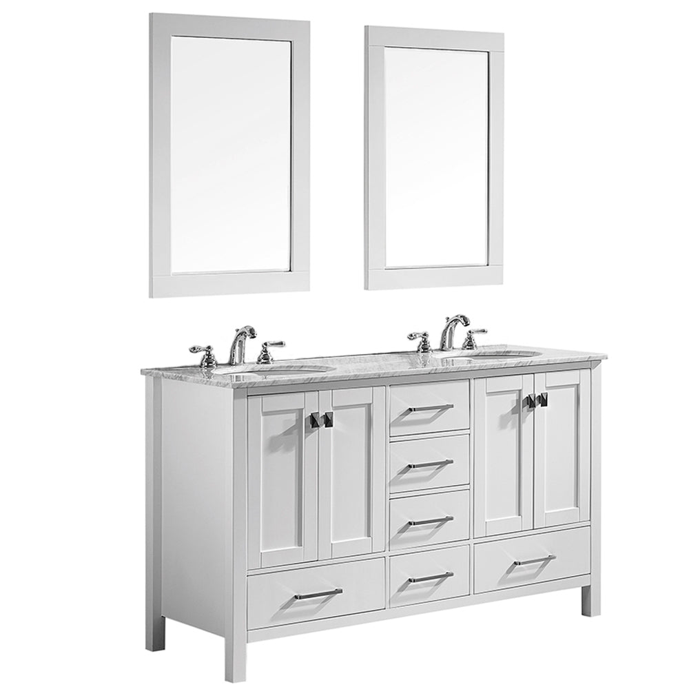 Vinnova Gela 60" Bathroom Double Vanity Set in White w/ Carrara White Marble Countertop | 723060-WH-CA