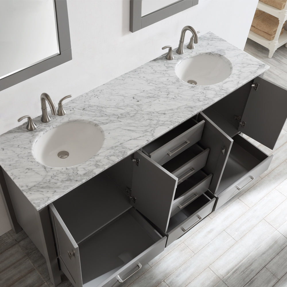 Vinnova Gela 72" Bathroom Double Vanity Set in Grey w/ Carrara White Marble Countertop | 723072-GR-CA