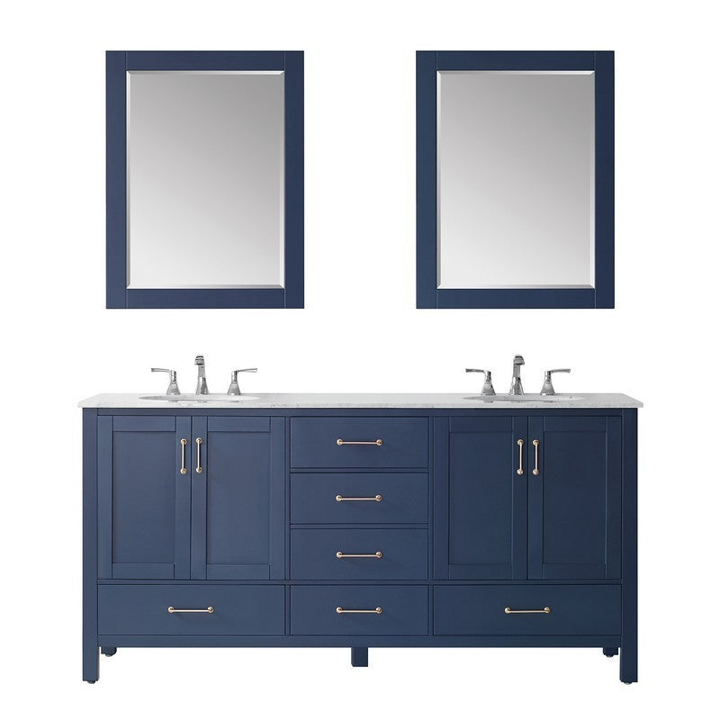 Vinnova Gela 72" Bathroom Double Vanity Set in Royal Blue w/ Carrara White Marble Countertop | 723072-RB-CA