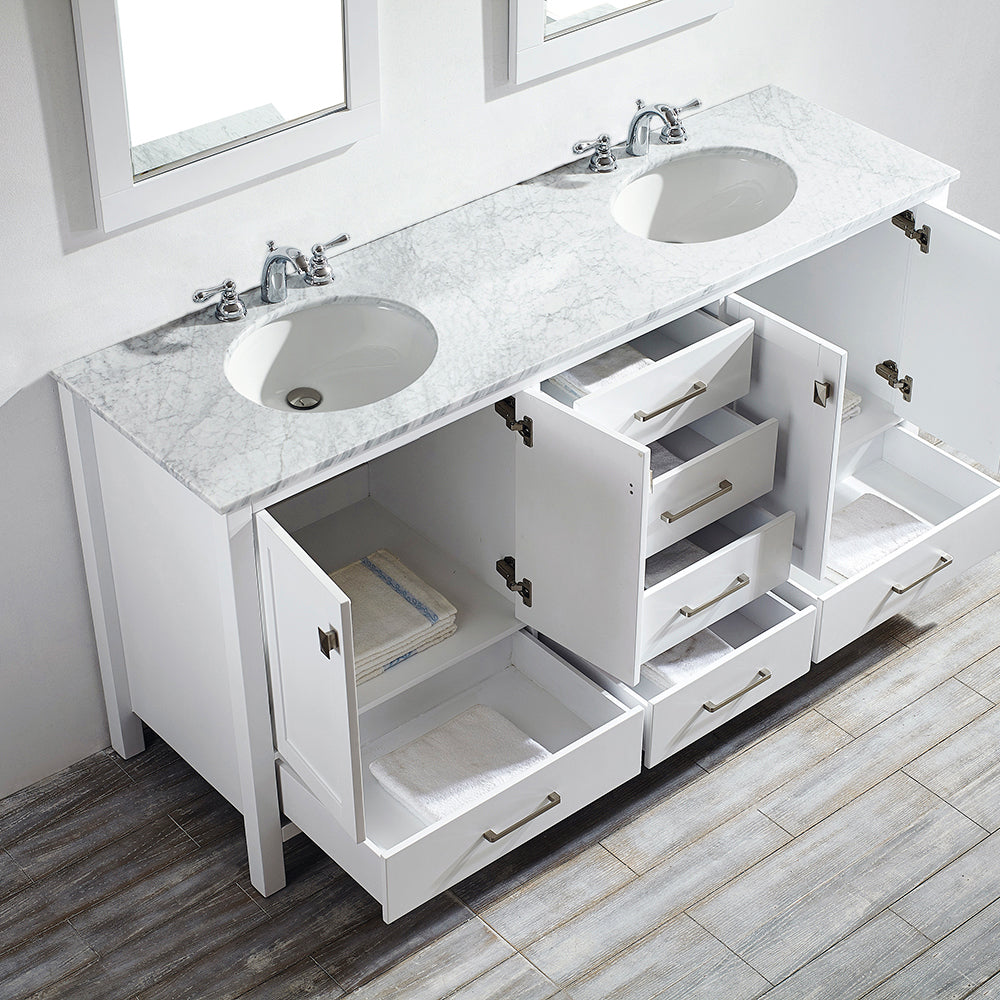 Vinnova Gela 72" Bathroom Double Vanity Set in White w/ Carrara White Marble Countertop | 723072-WH-CA